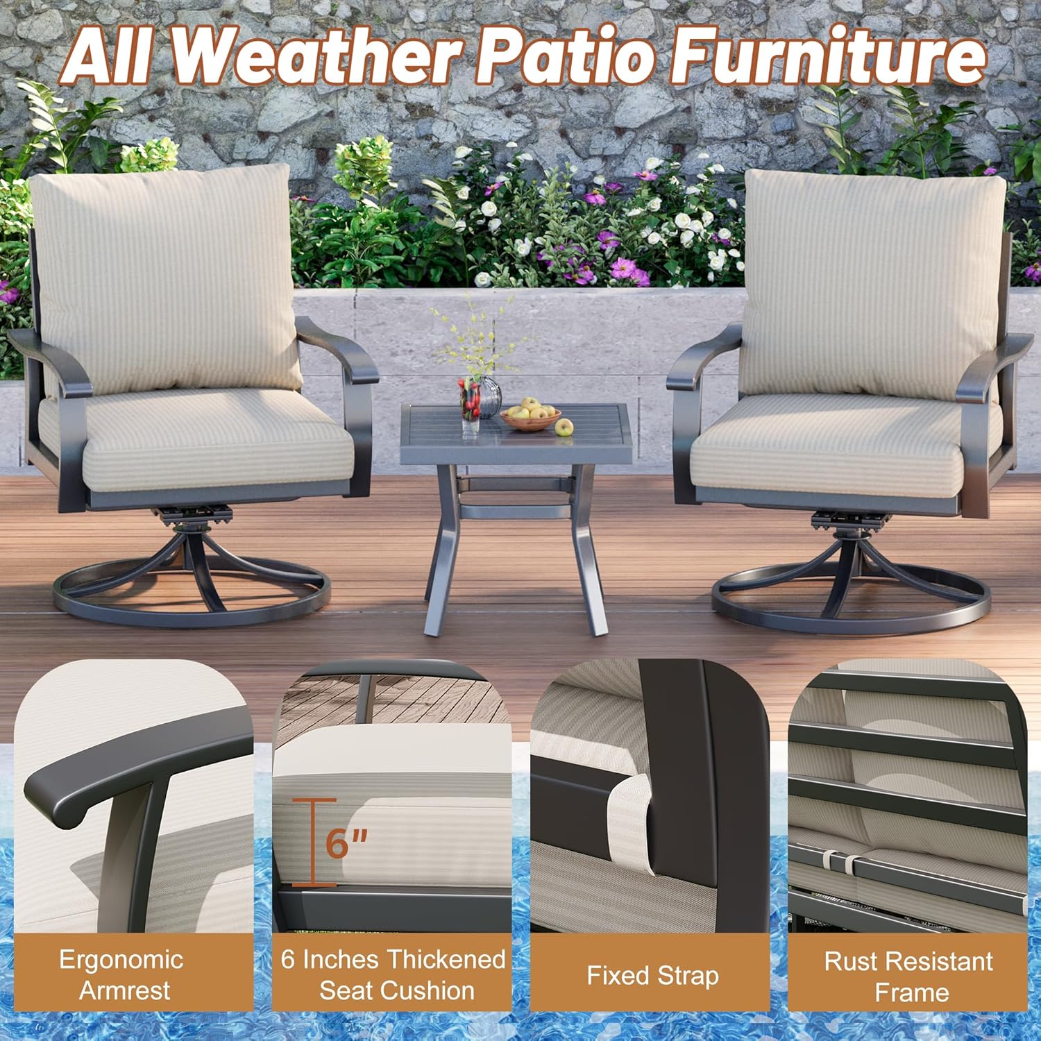 HOMREST Outdoor Swivel Rocker Patio Chairs with Ottomans, 5 PCS Bistro Set for Garden, Deck, Beige