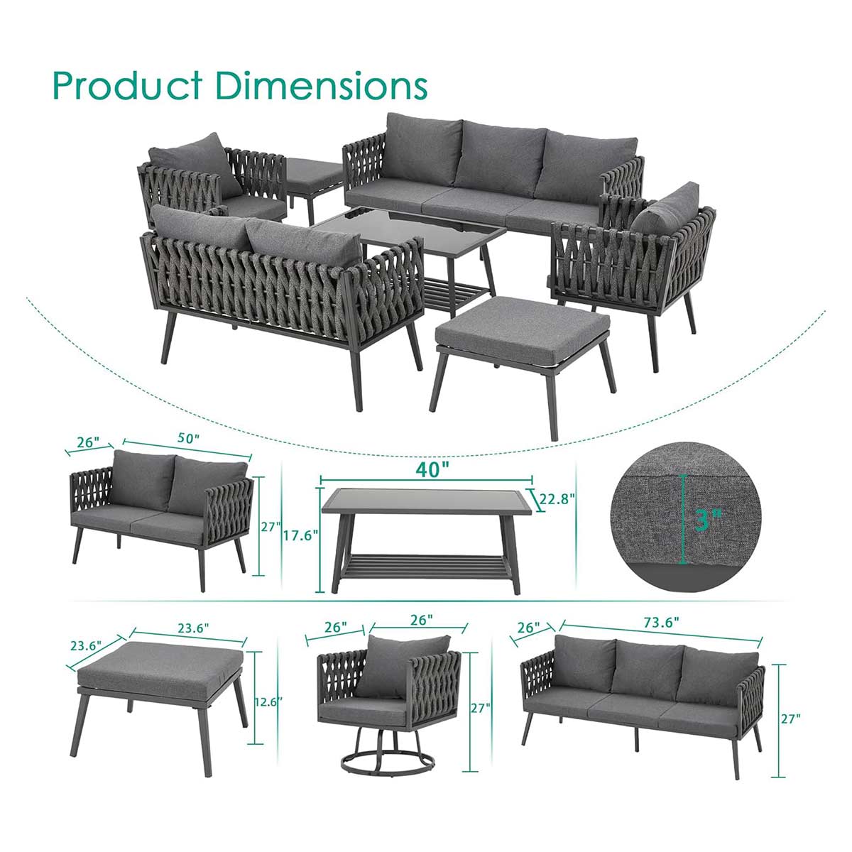 Product dimensions of Homrest 7 pieces patio conversation set