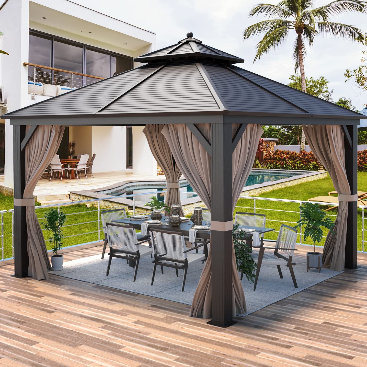 Homrest 12'x12' Hardtop Gazebo Canopy Galvanized Steel Pergolas with Netting & Curtains - Homrest