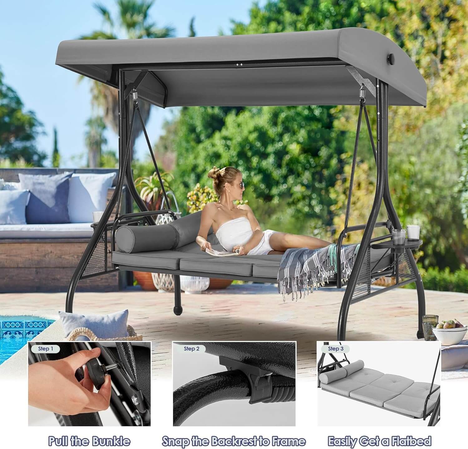 Homrest 3-Seat Outdoor Porch Swing with Adjustable Canopy and Backrest, Gray