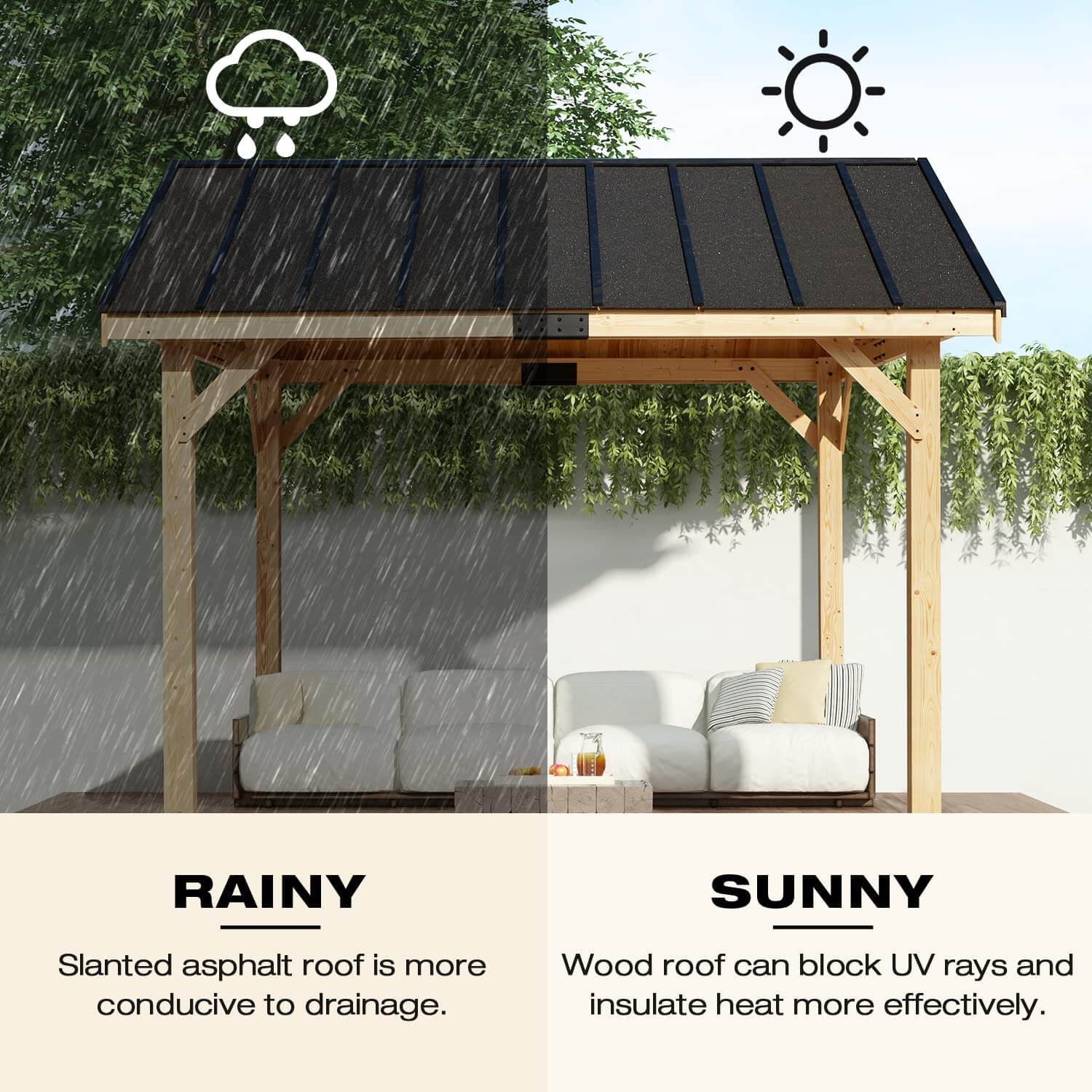Homrest 11' x 12' Spruce Wood Solid Hardtop Gazebo with Waterproof Asphalt Roof