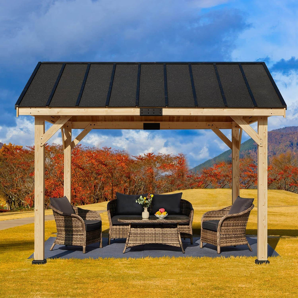 Homrest 11x 12 Hardtop Gazebo, Solid Spruce Wood Gazebo with Waterproof Asphalt Roof, for Lawns, Beach, Patio, Garden