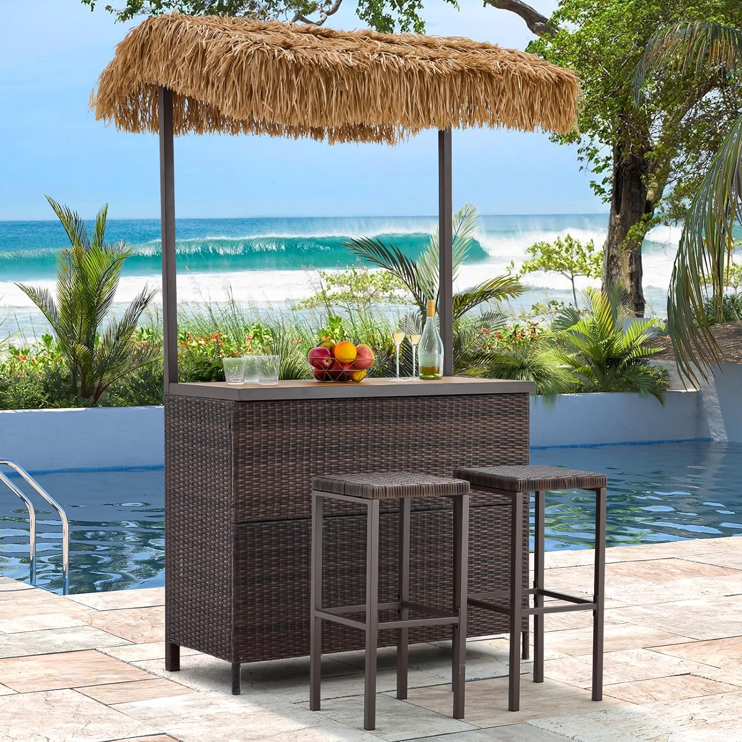 Homrest 3 pcs outdoor tiki bar set with 2 height stools, storage shelf and canopy, brown