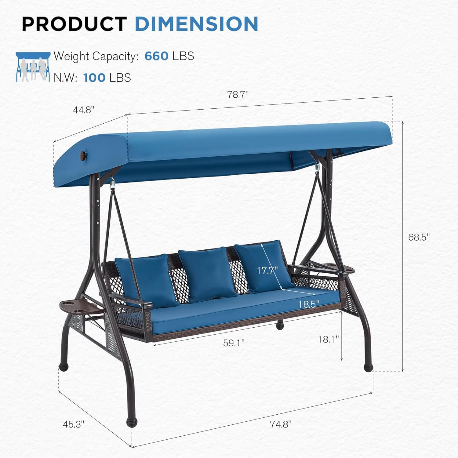 Homrest 3-Person Outdoor Wicker Porch Swing with Adjustable Canopy Backyard, Blue