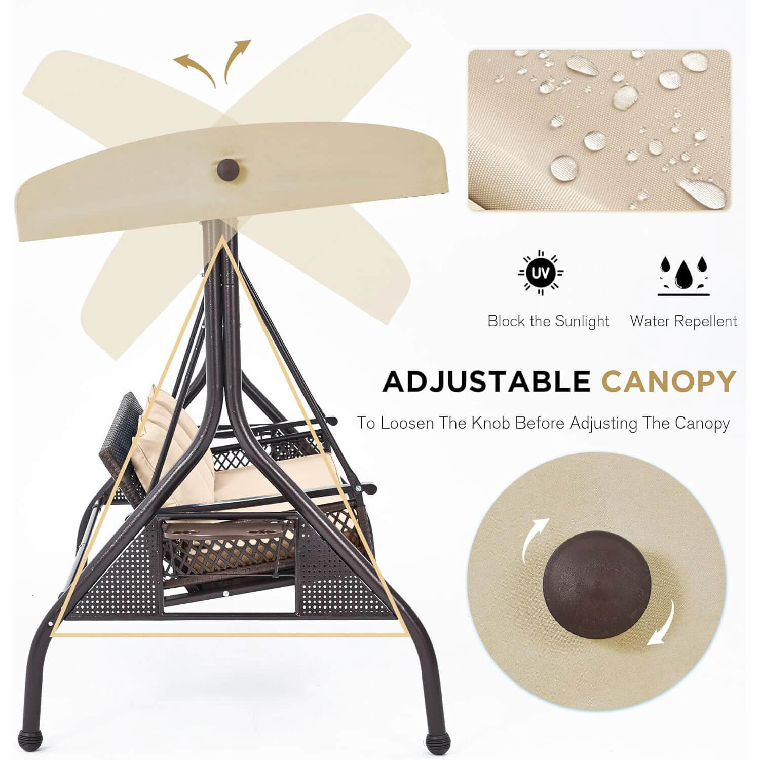 Homrest 3-Person Outdoor Wicker Porch Swing with Adjustable Canopy Backyard, Khaki