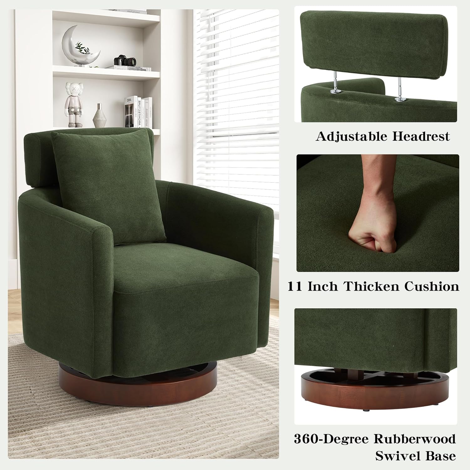 Homrest Swivel Accent Chair Armchair with Adjustment Headrest, 360° Rotation. Green