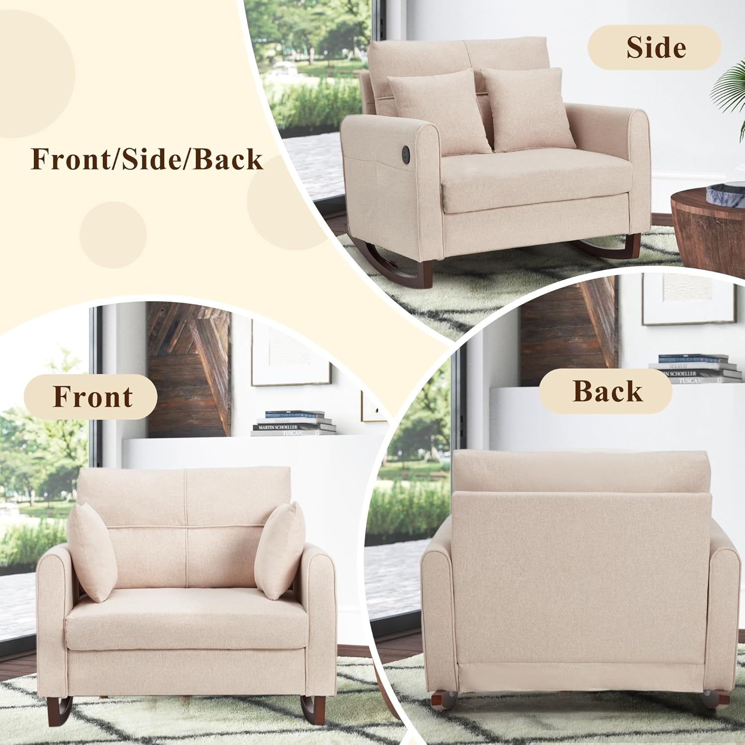 Upholstered Oversize Rocking Chair with Side Pocket USB Port, Beige | Homrest