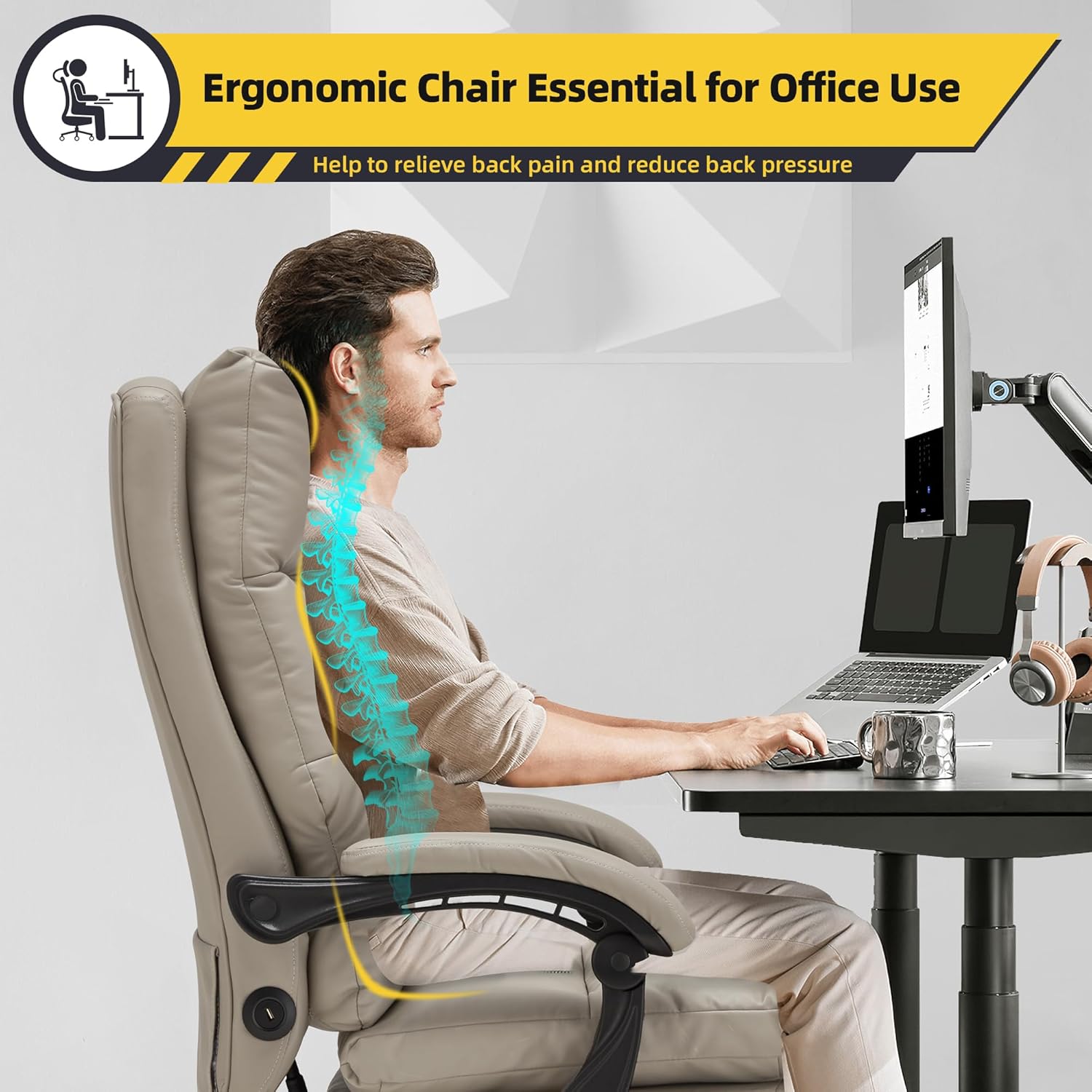 Executive Reclining Chair w/ Heating Massage Points Relaxing Headrest Grey main image 0
