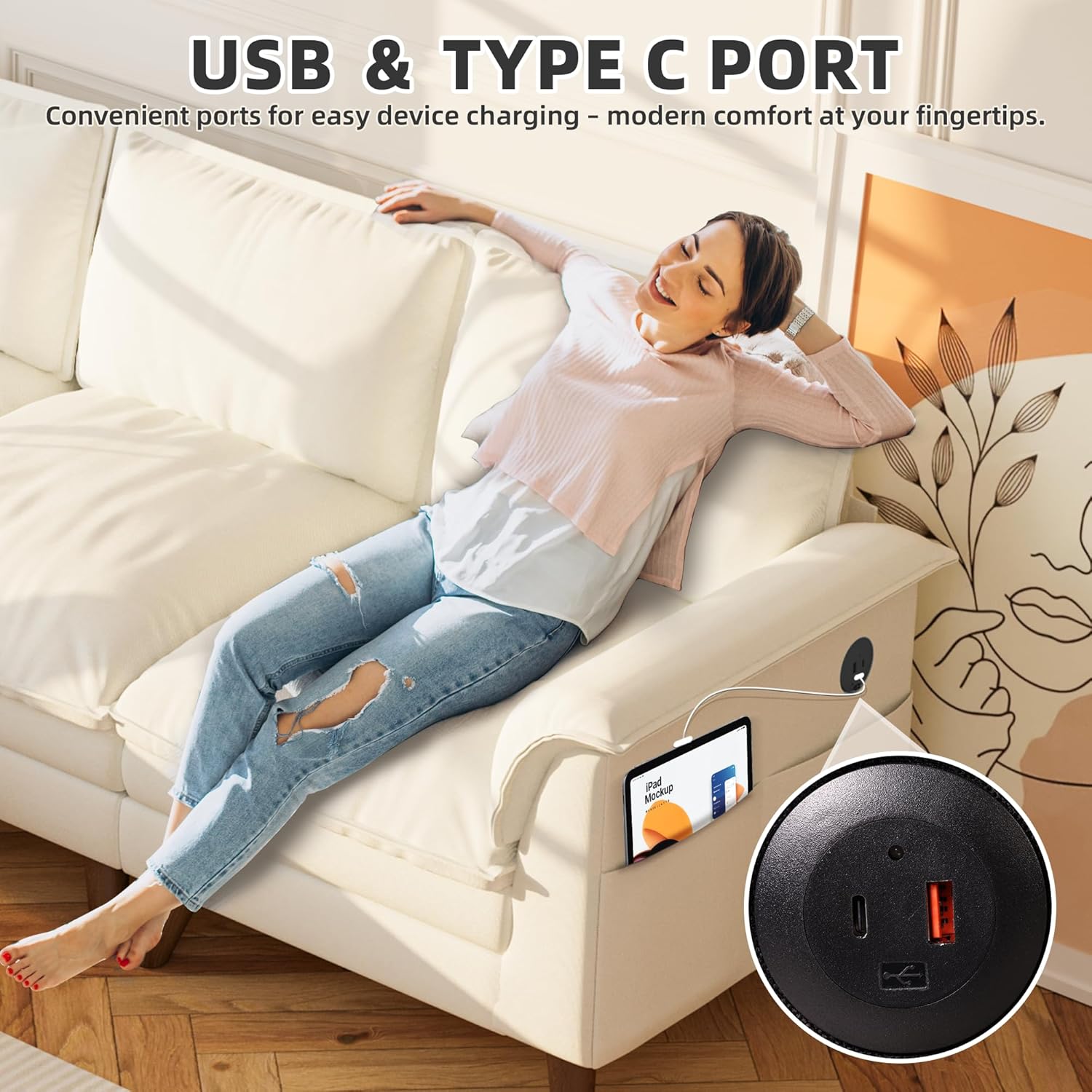 USB & type C port, convenient ports for easy device charging - modern comfort at your fingertips.