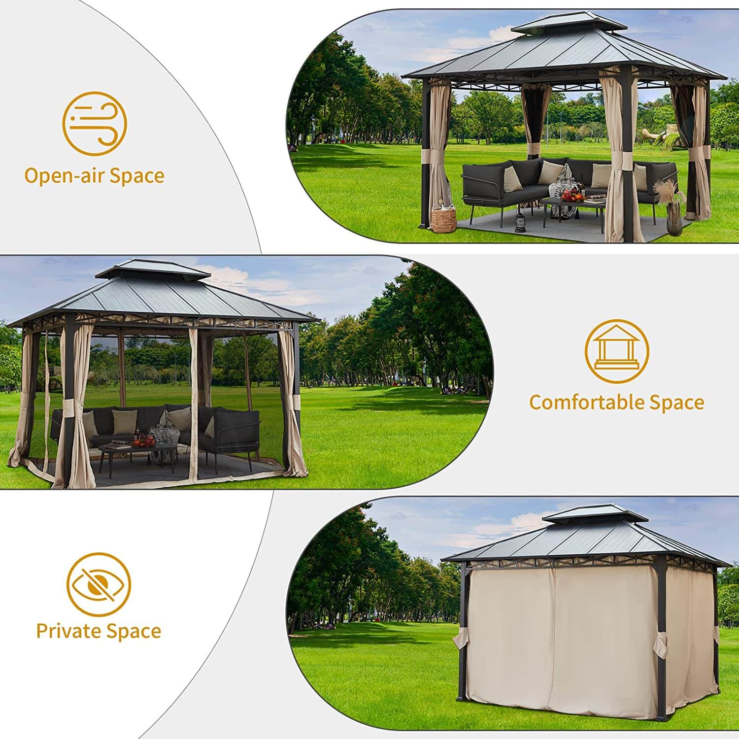 Homrest 10' x 12' Iron Gazebo Hardtop Double Roof w/ Anti-Rust Coating Frame, Waterproof Curtains & Netting