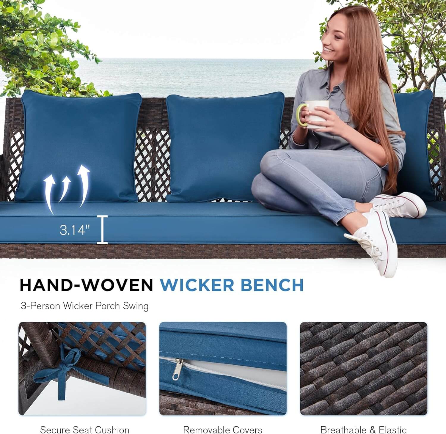 Homrest 3-Person Outdoor Wicker Porch Swing with Adjustable Canopy Backyard, Blue