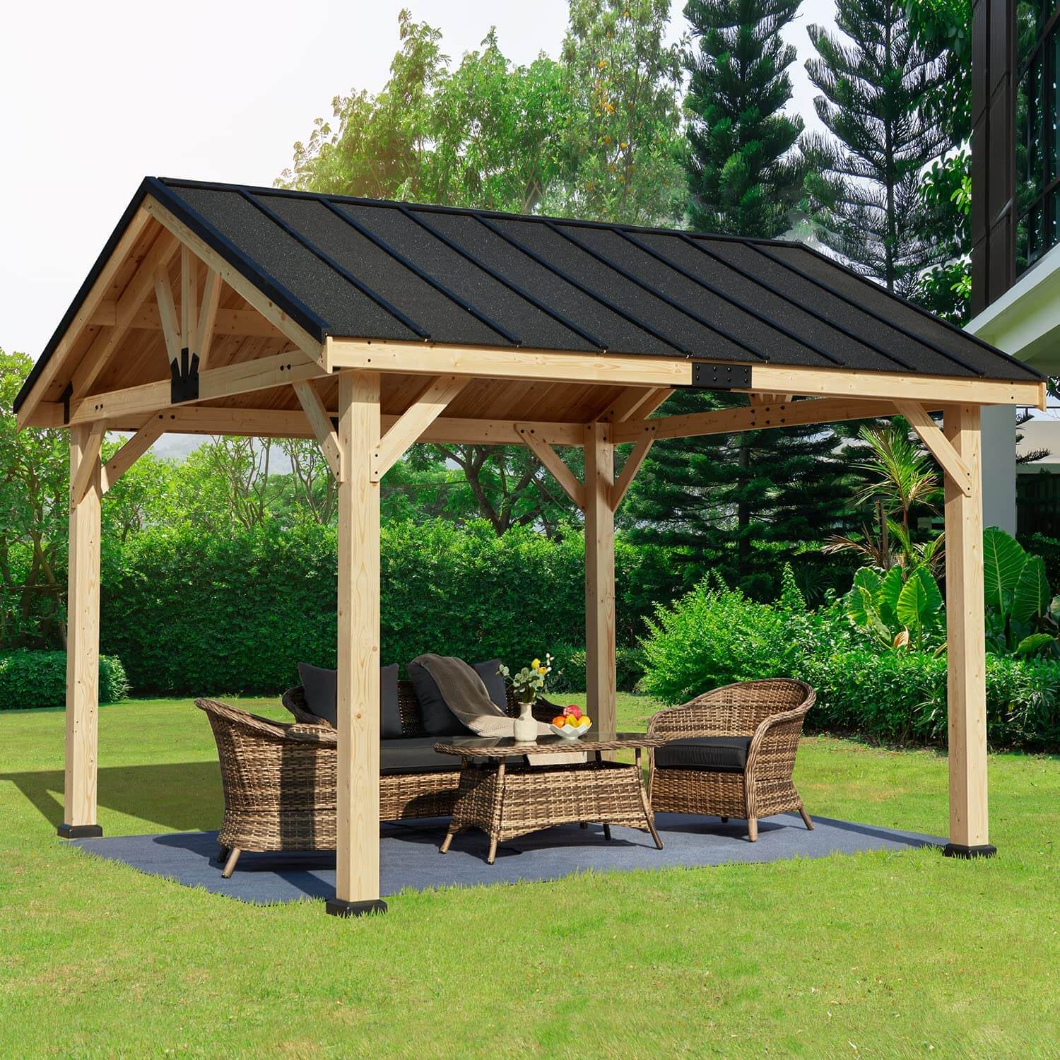 Homrest 11' x 12' Spruce Wood Solid Hardtop Gazebo with Waterproof Asphalt Roof