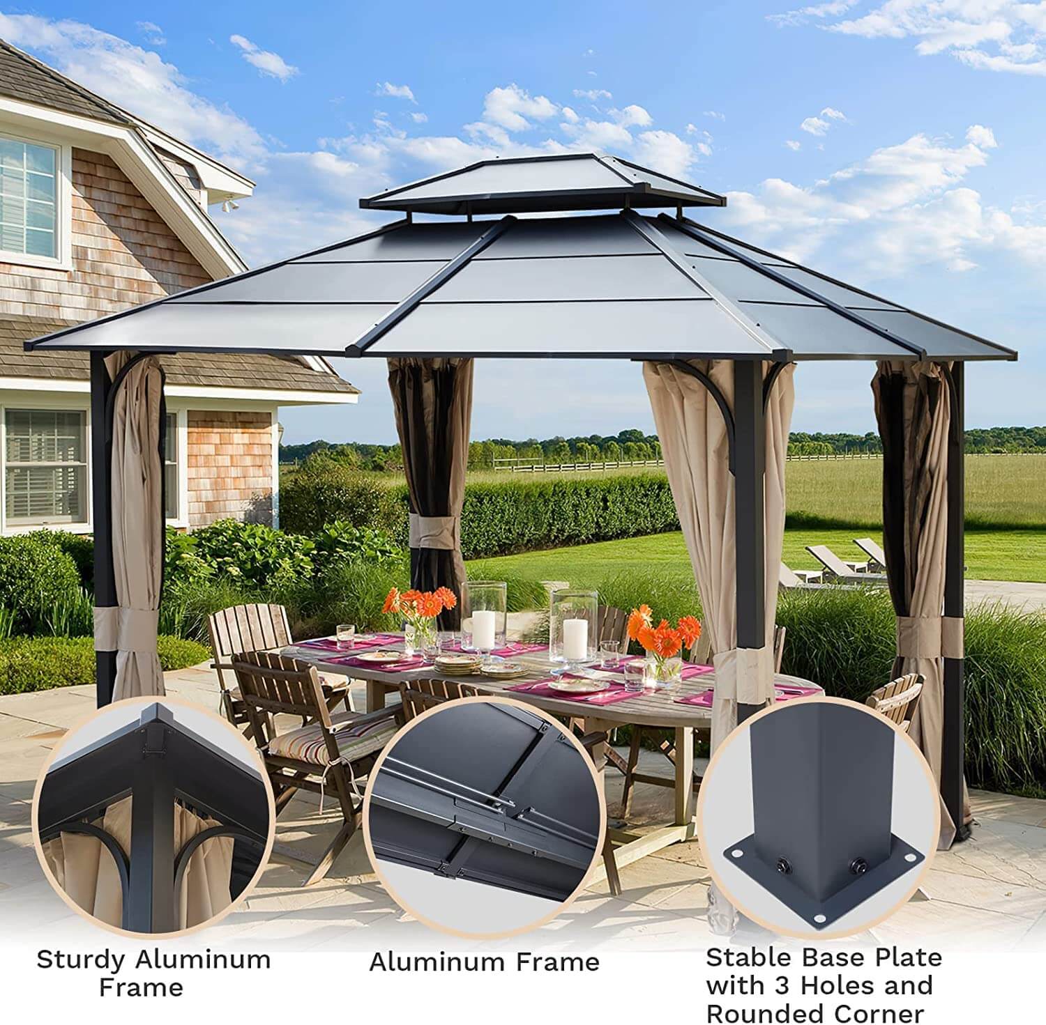 Homrest 10' x 12' Hardtop Gazebo Outdoor Double Iron Roof with Curtains and Netting