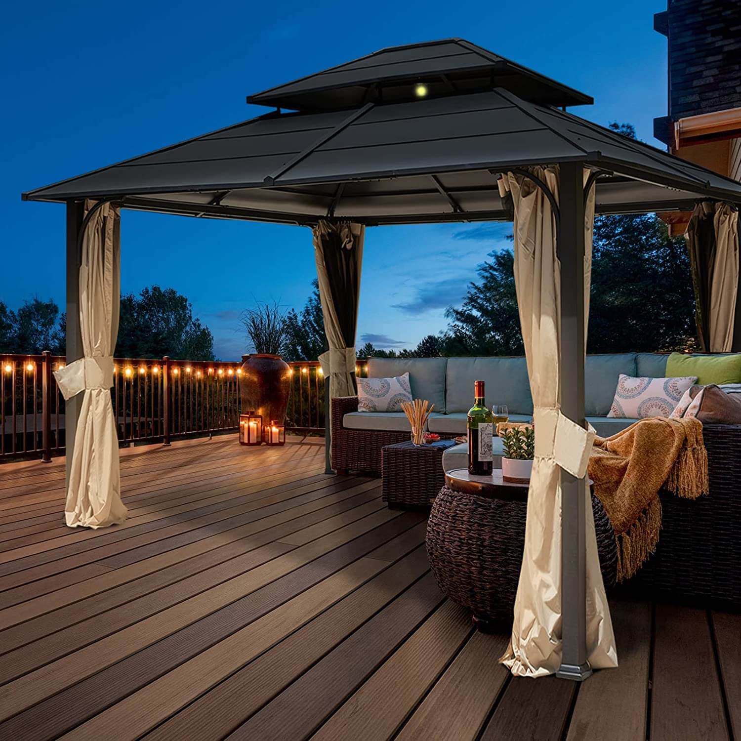 Homrest 12' x 14' Hardtop Gazebo Outdoor Double Roof with Curtains and Netting,  Anti-Rust Coating Frame