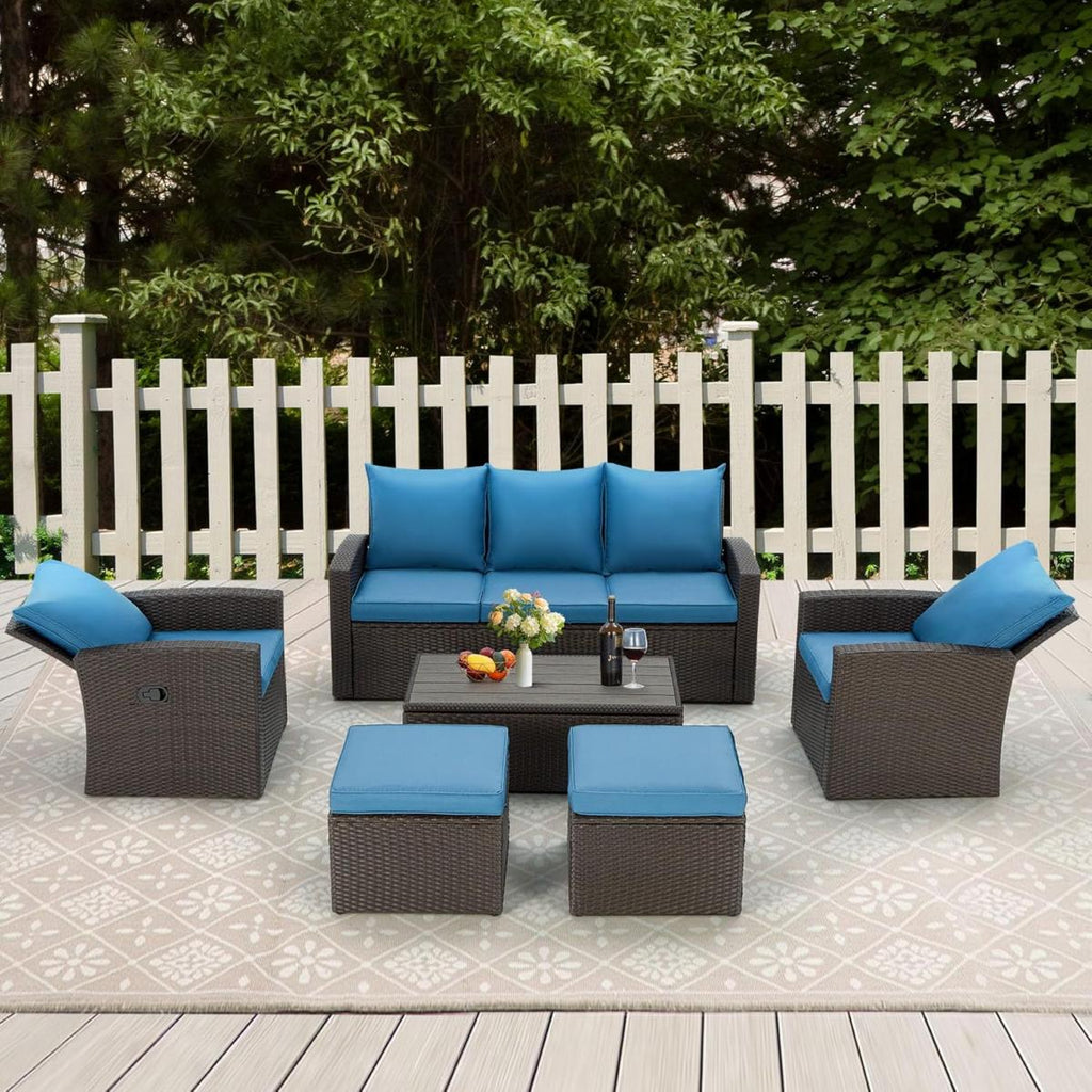 Homrest 6 Pcs Patio Furniture Set with 2 Recliners, Storage Table, Blue