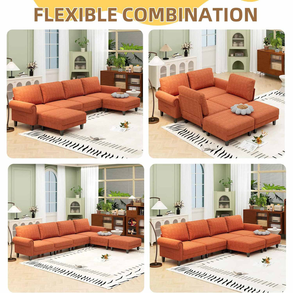 Homrest Modular Sectional Sofa with Chaise and Movable Ottoman, Orange