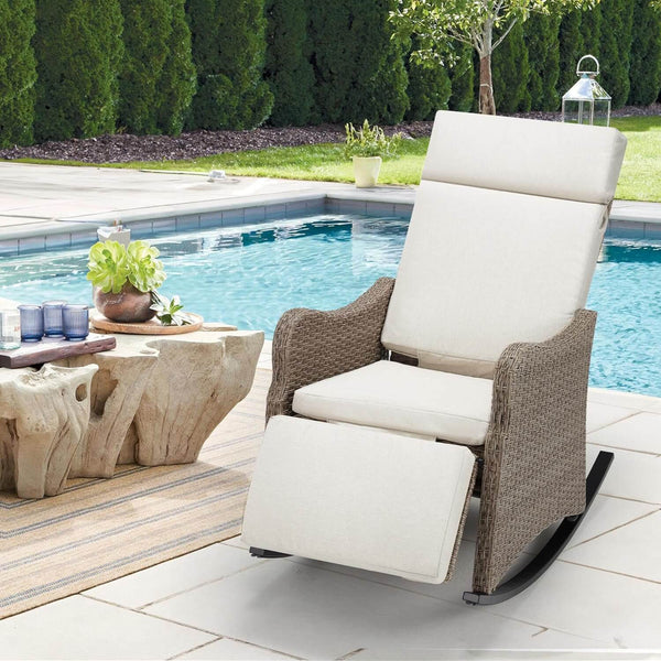 Homrest Outdoor Recliner Chair, Rattan Wicker Rocking Chair with Removable Cushion, Beige