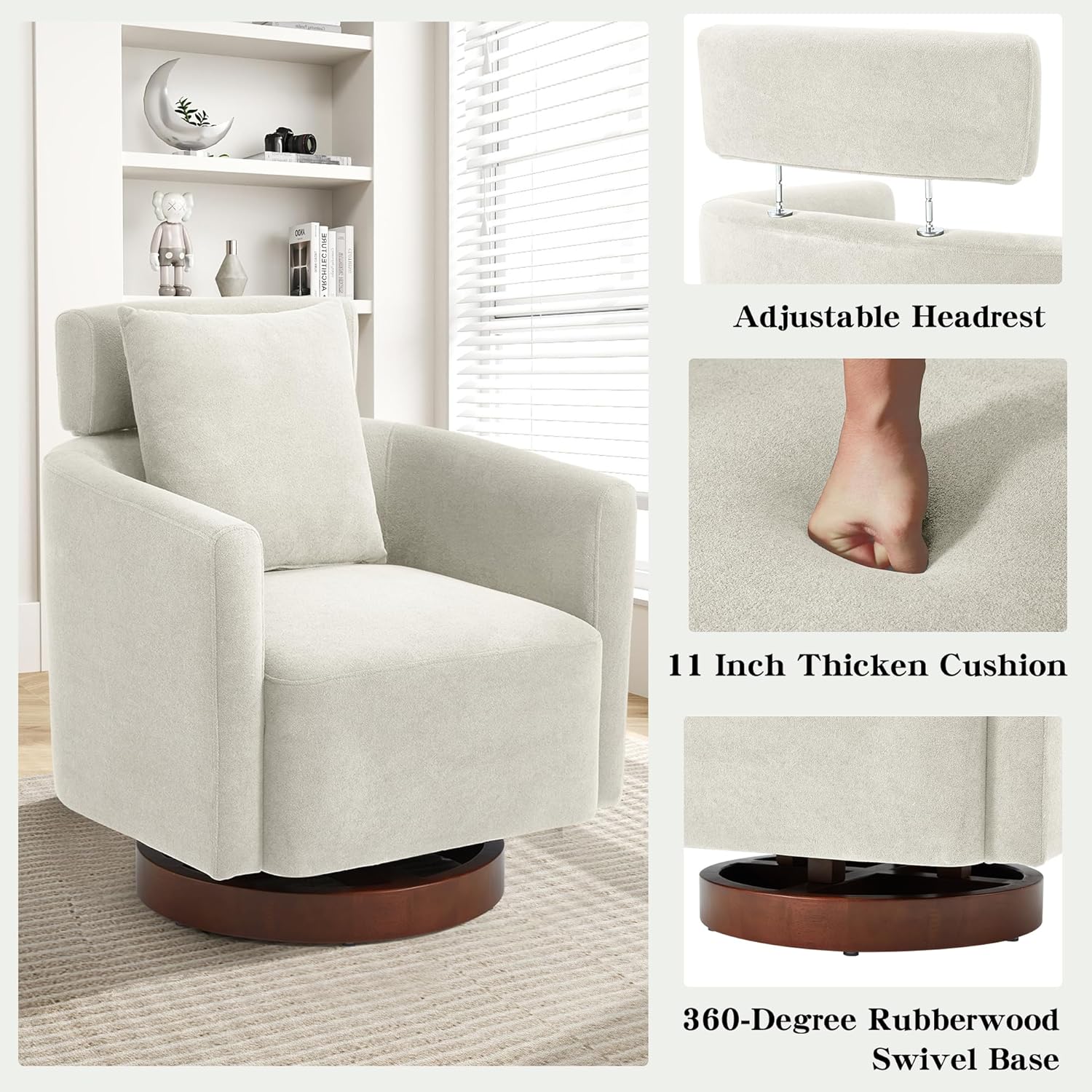 Homrest Swivel Accent Chair Armchair with Adjustment Headrest, 360° Rotation. Beige