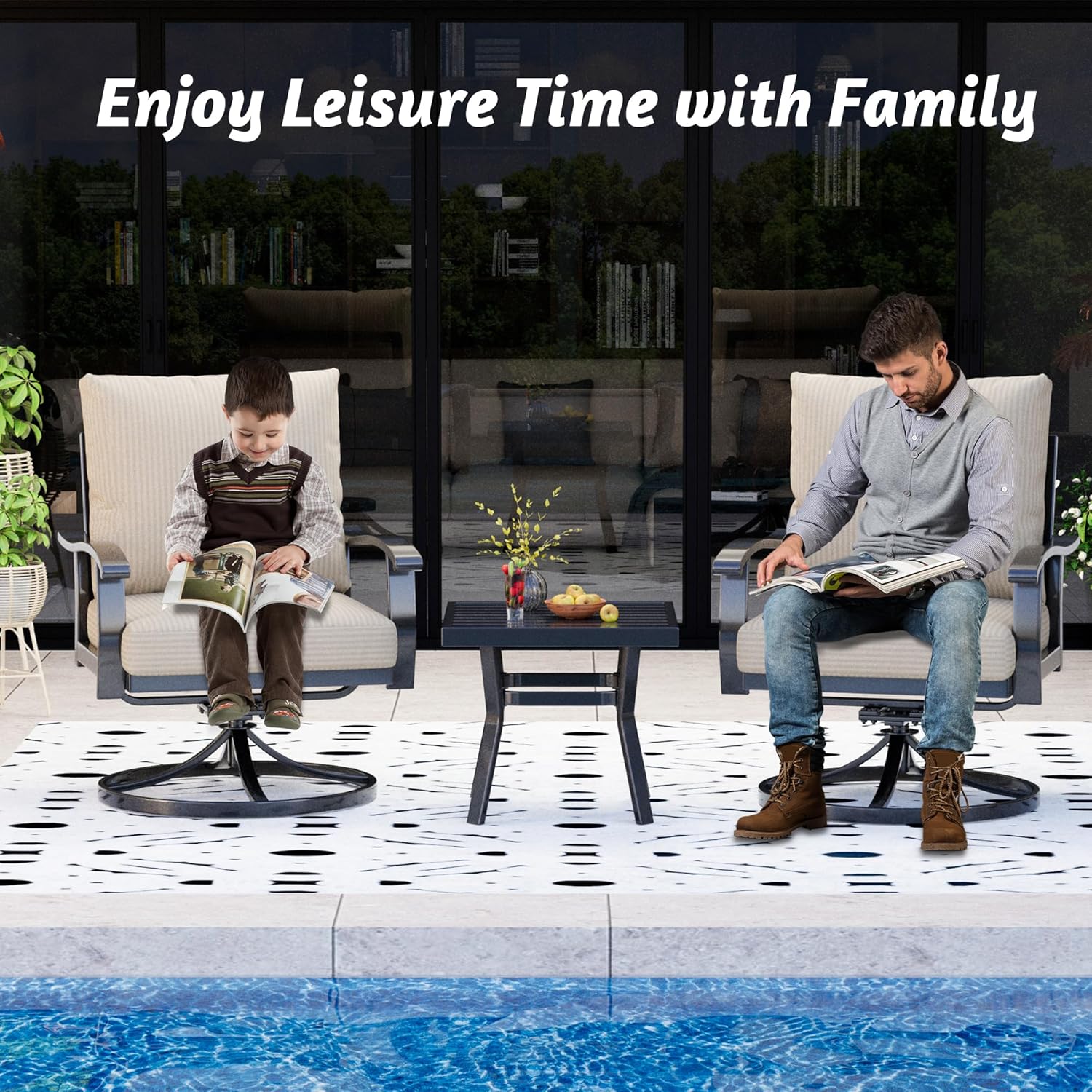 HOMREST Outdoor Swivel Rocker Patio Chairs with Ottomans, 5 PCS Bistro Set for Garden, Deck, Beige