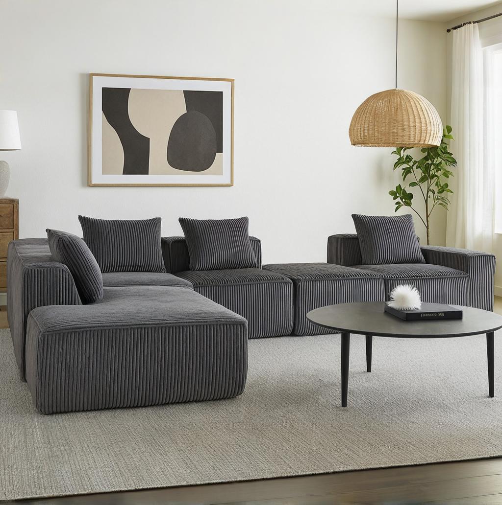 HOMREST 5-Seat Modular Sofa, Corduroy Lounge Couch with Free Combination Design and Throw Pillows, Gray