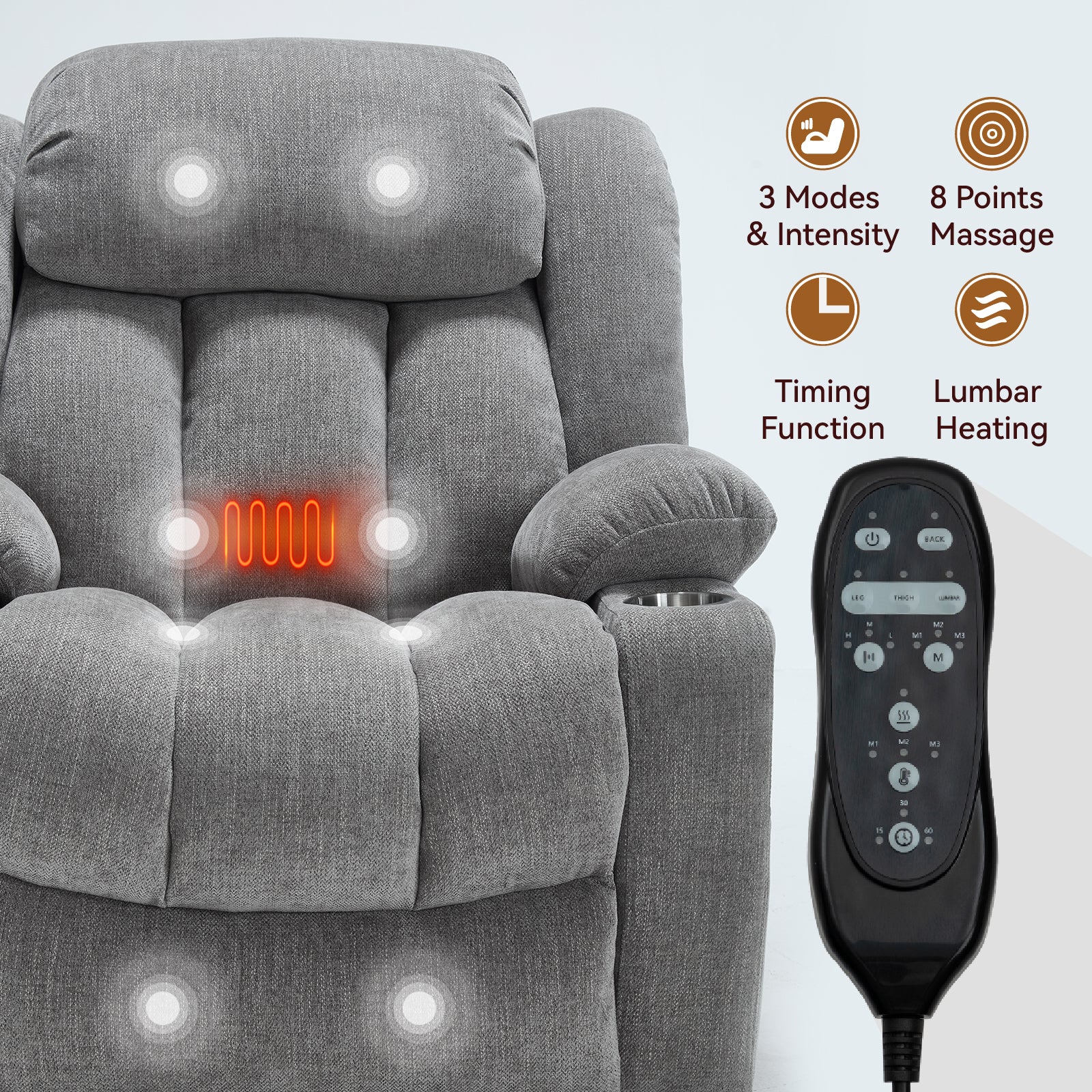 Homrest Premium Electric Recliner Chair with 8-Point Massage & Heating, Plush Chenille Fabric, Gray