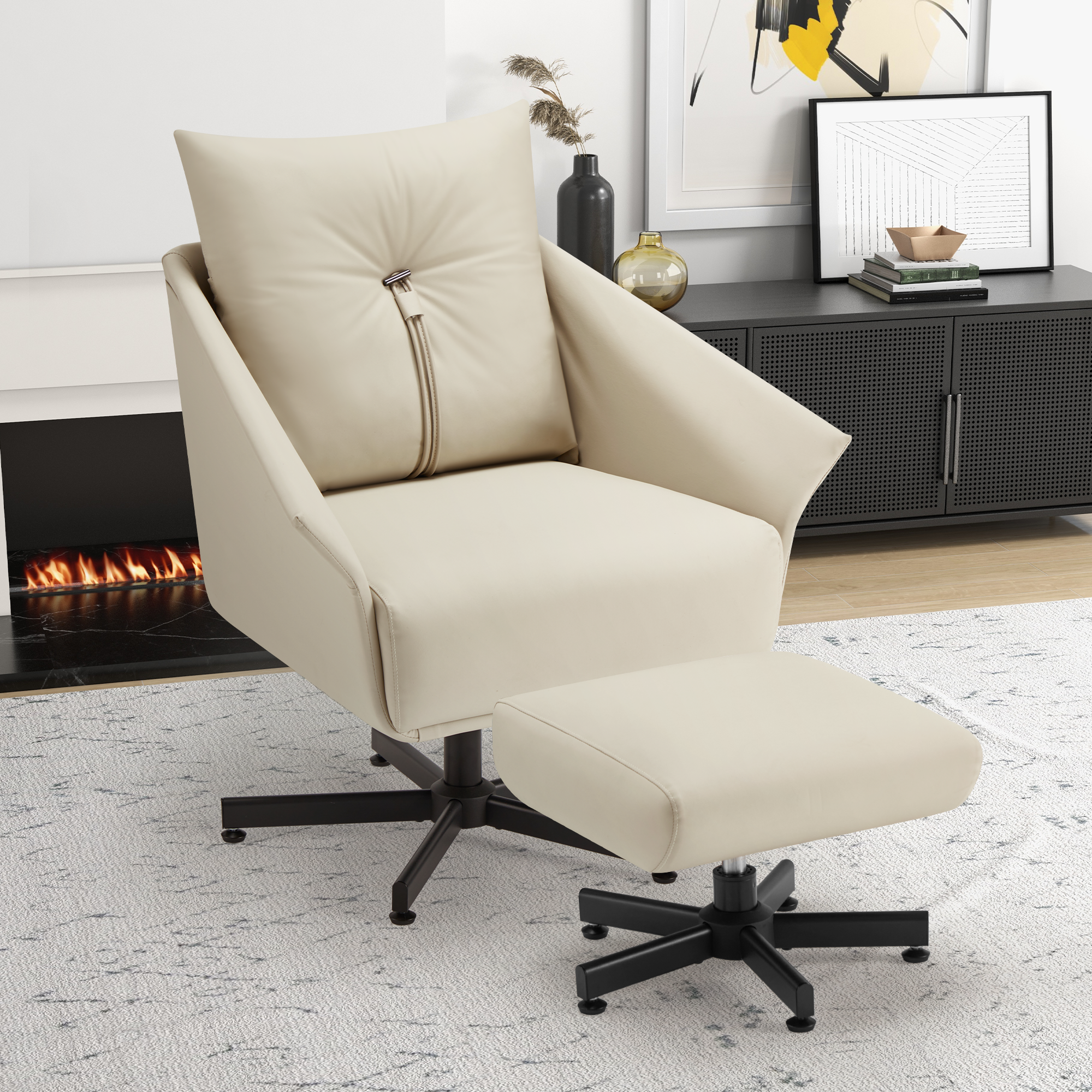 Swivel Lazy Chair with Ottoman, Home Desk Chair with Soft Faux Leather Pillow for Living Room, Beige