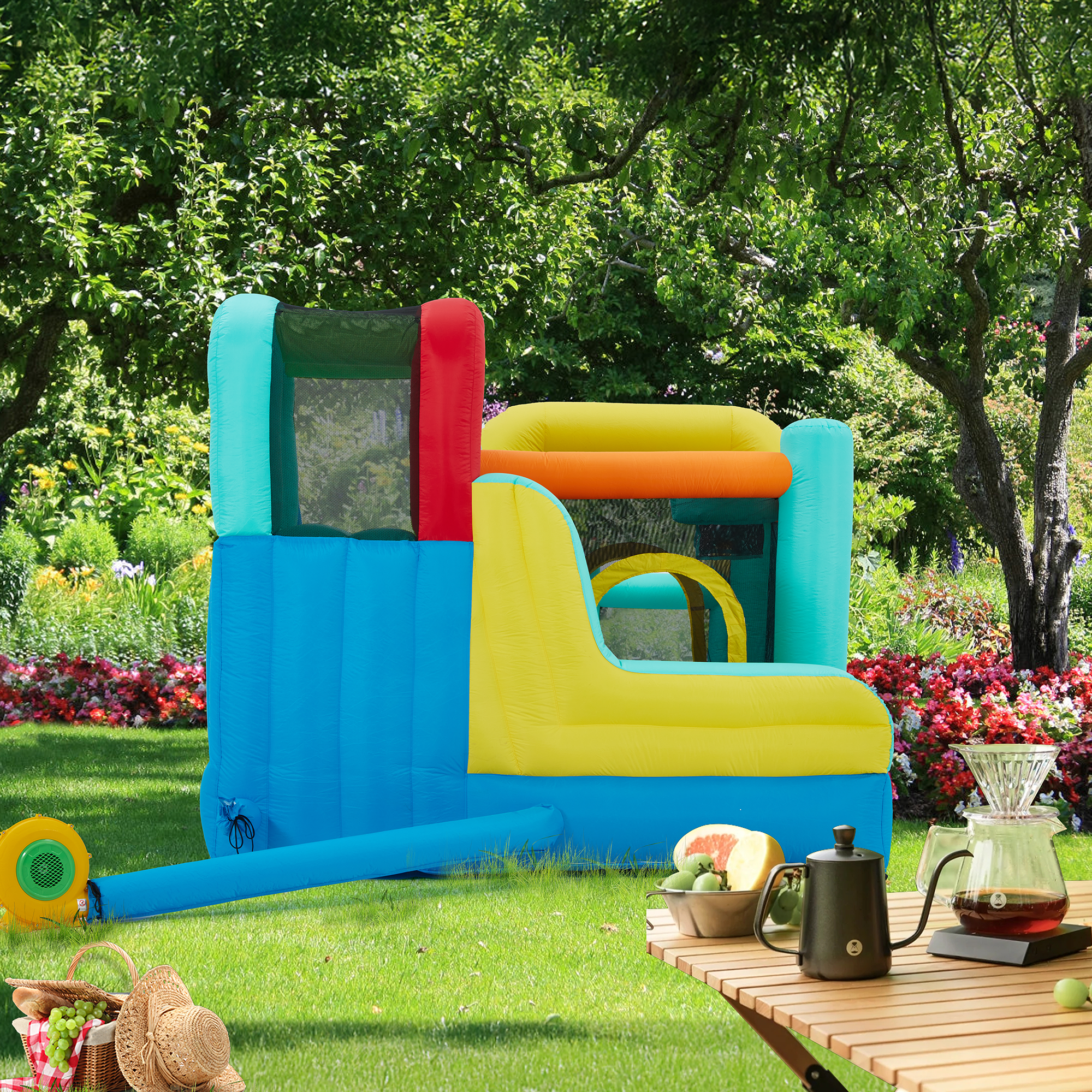 Homrest Inflatable Trampoline Bouncy House with Blower, Jumping Castle with Water Slides for Kids Backyard,  Heavy Duty 840D Oxford Cloth Water Slide Outdoor Sports Dartboard Game for Kids 3-6