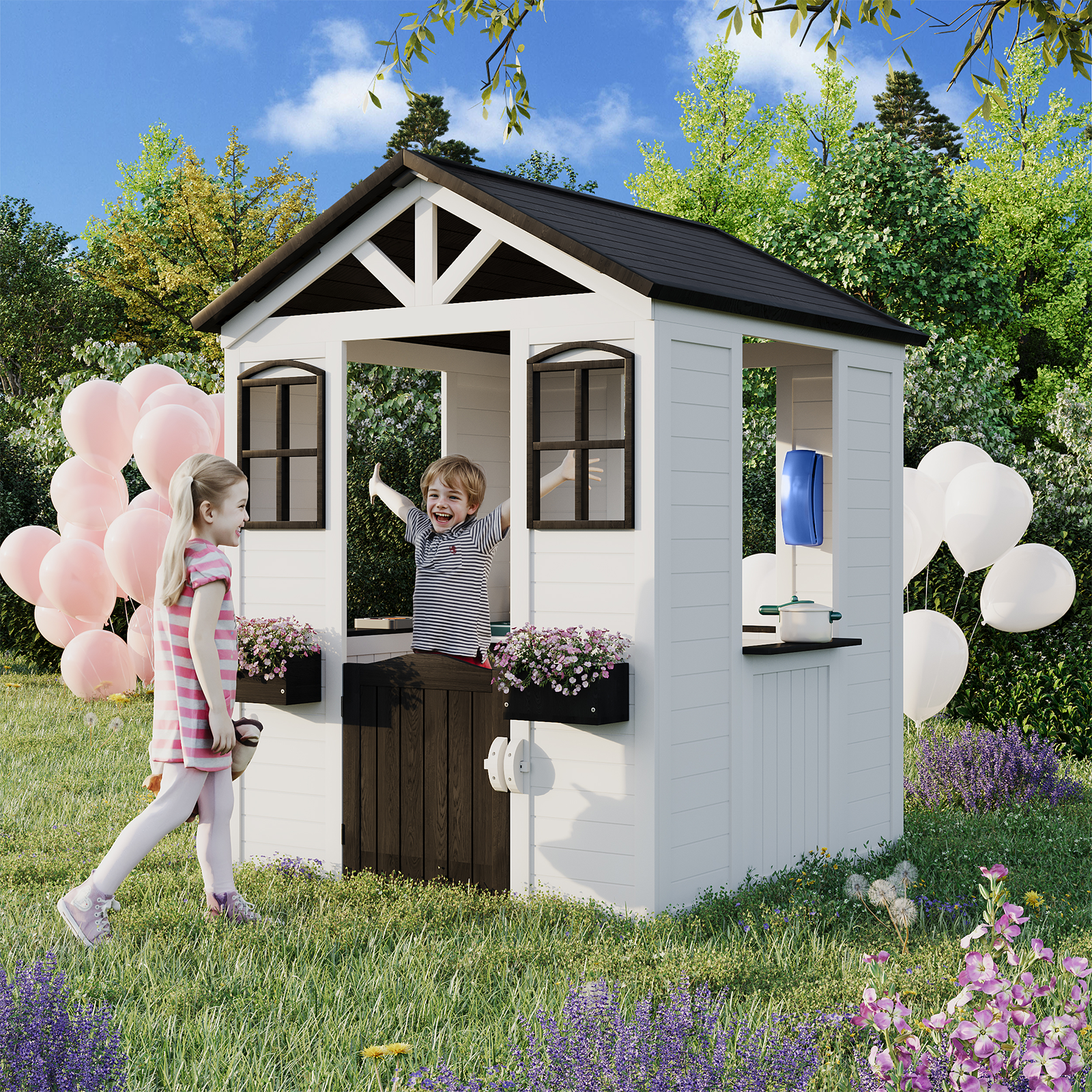 Homrest Wooden Playhouse for Kids, Outdoor Garden Cottage with Door, Windows, Service Station, Flower Pot Holder, for 3-7 Years Old
