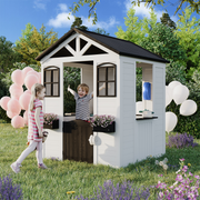 Homrest Wooden Playhouse for Kids, Outdoor Garden Cottage with Door, Windows, Service Station, Flower Pot Holder, for 3-7 Years Old