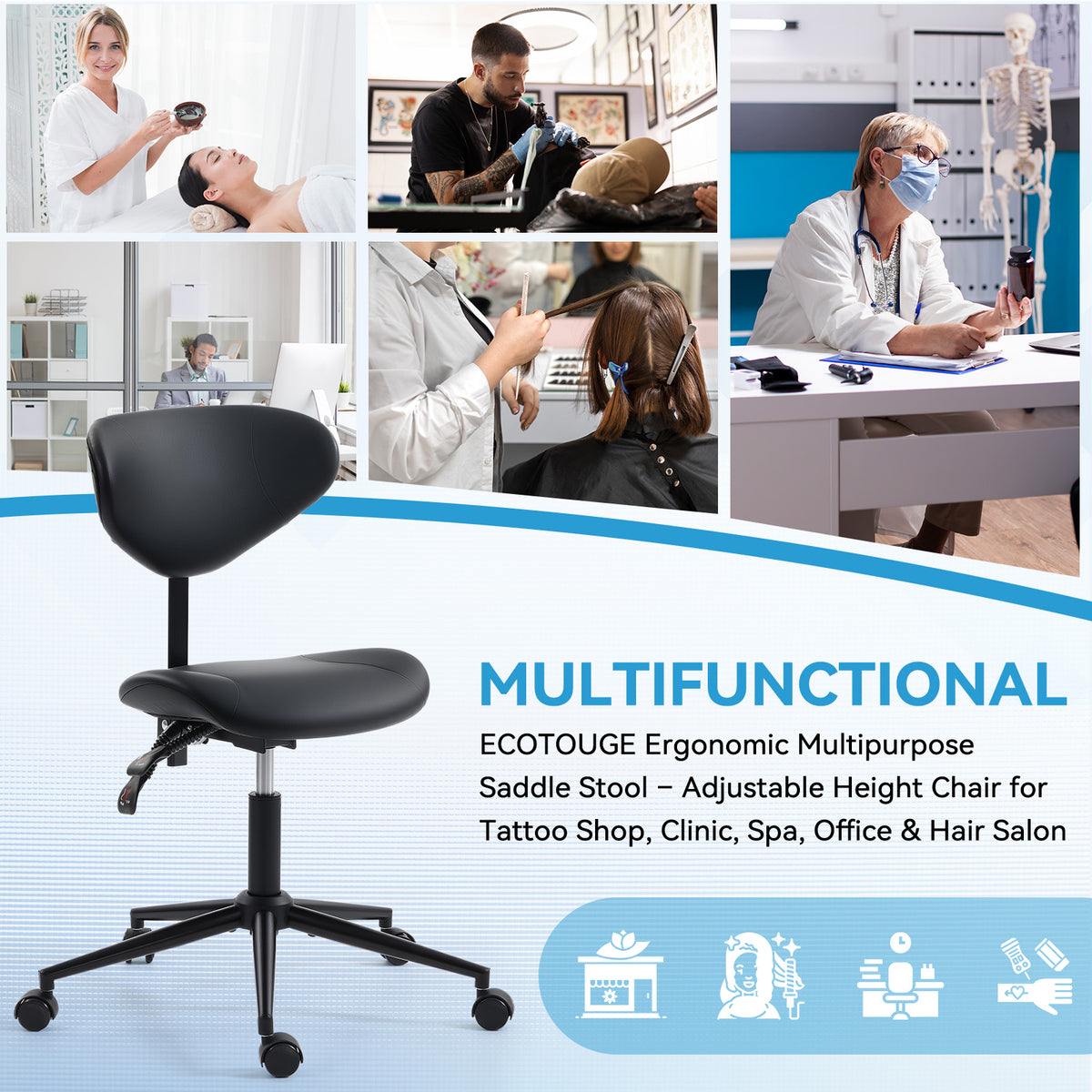 HOMREST Saddle Stool Chair with Customizable Back Support,Esthetician Tattoo Dental Stool Chair,Lash Chairs for Eyelash Tech Massage Salon(Black,with Backrest)