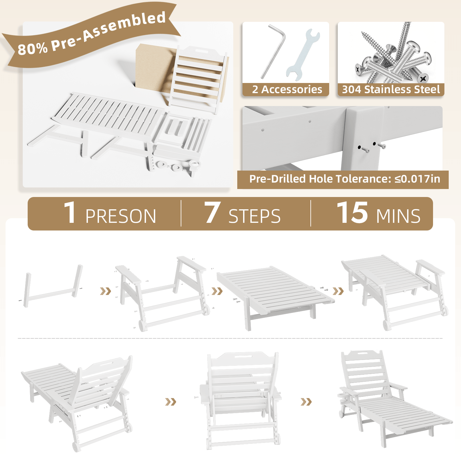 HOMREST 24" W Oversized Chaise Lounge Chairs Set of 2, Adjustable HDPE Outdoor Chairs with Wheels & Cup Holder, White