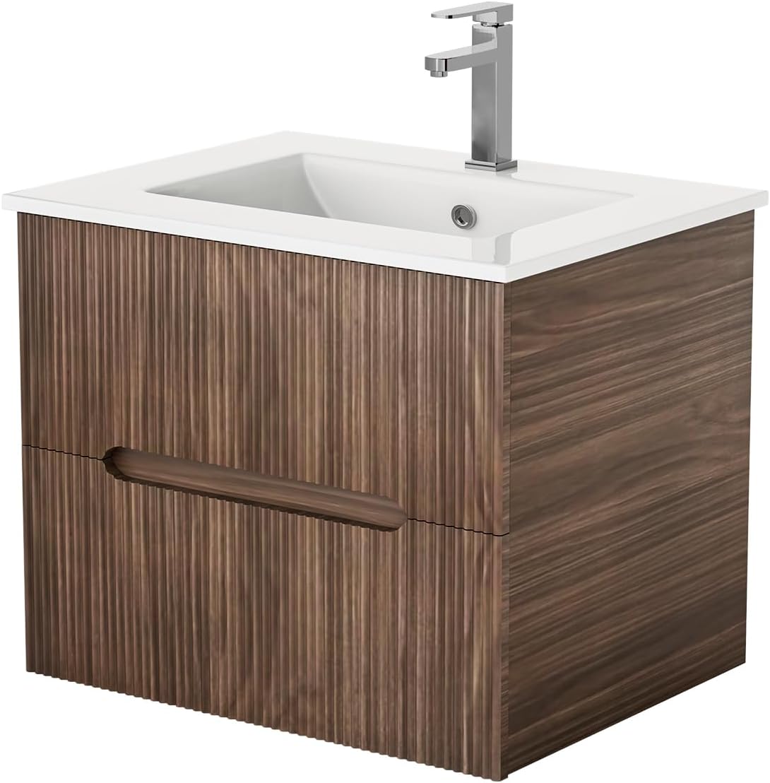 HOMREST 24 Inch Bathroom Vanity with Sink, Floating Bathroom Vanity with Ceramic Basin, Wall Mounted Bathroom Sink Cabinet Set with Soft-Close 2 Drawers, Faucet & Pop Up Drain, Walnut