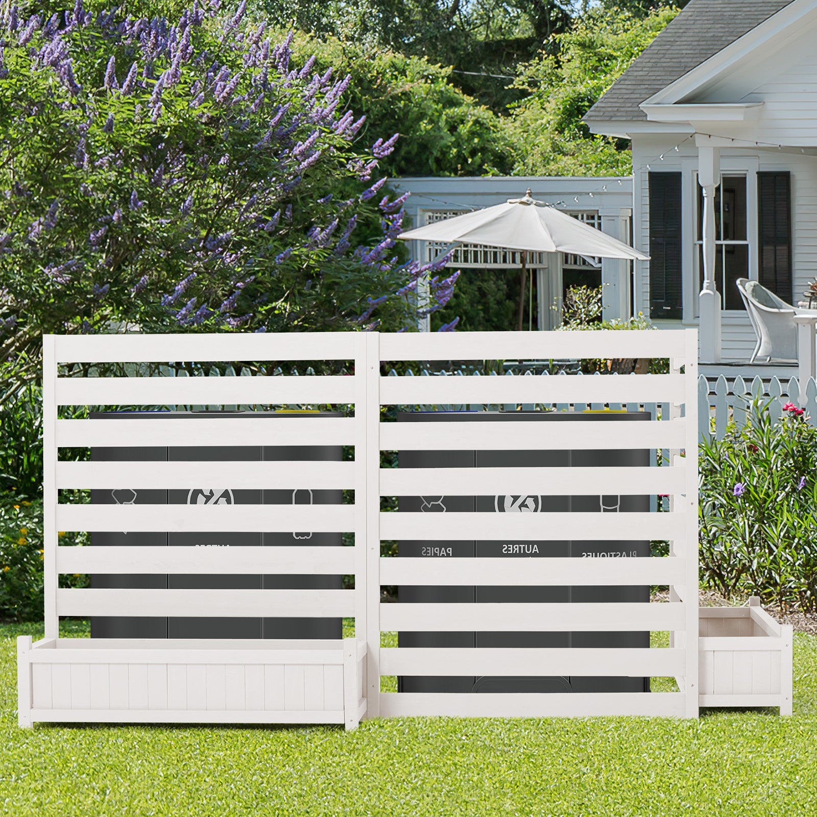 HOMREST 3 Panels No-Dig AC Unit Privacy Fence with Planter Box, 33" W x 39" H, Durable Outdoor Wood Screen to Hide AC & Trash with Floral Bed White