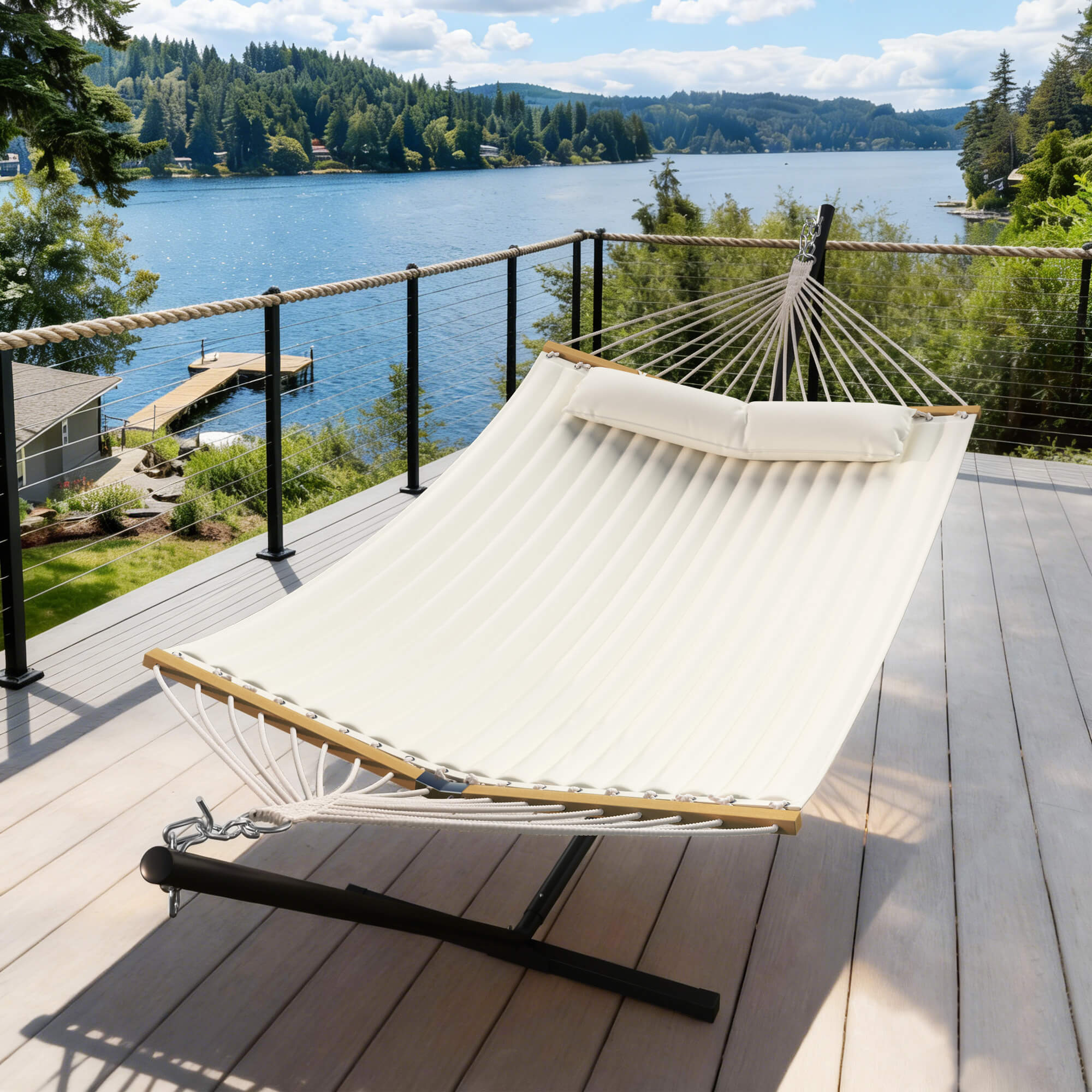 HOMREST Modern Rope Hammock with Stand, Portable Outdoor Hammock for Backyard, Beach & Camping, Off-White