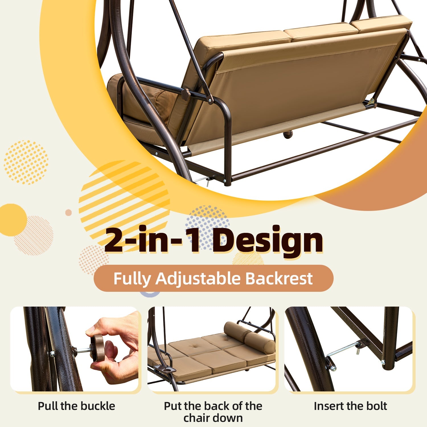 HOMREST 57in Outdoor Patio Swing with Hardtop,  Convertible Backrest Swing Bed with Cushion, 2 Pillows
