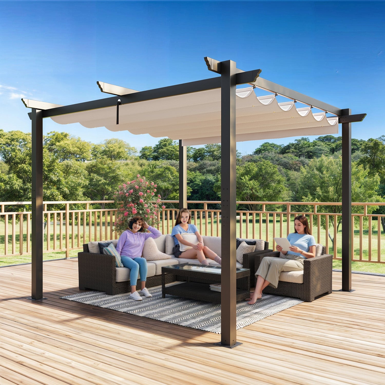 HOMREST Retractable Pergola 10x10 Ft, Upgraded Sun Shade with Waterproof Canopy, Durable Metal Patio Shelter with Magnetic Attachment for Backyard Garden Deck (Beige)