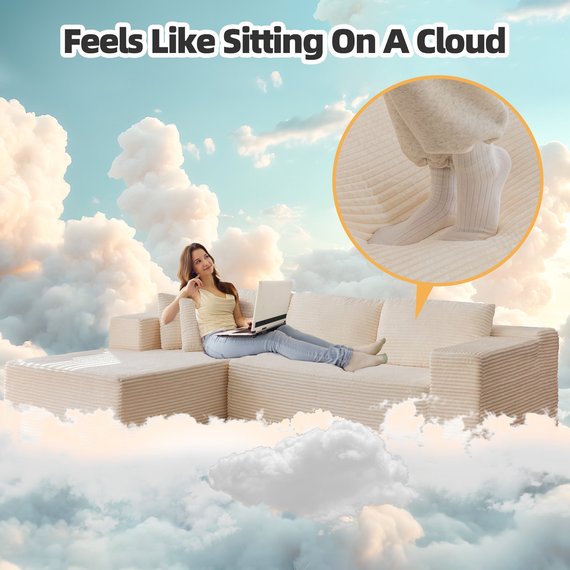 HOMREST 106 inch Cloud Sectional Couch with Chaise Lounge for Living Room Bedroom Apartment, Corduroy Fabric, Beige