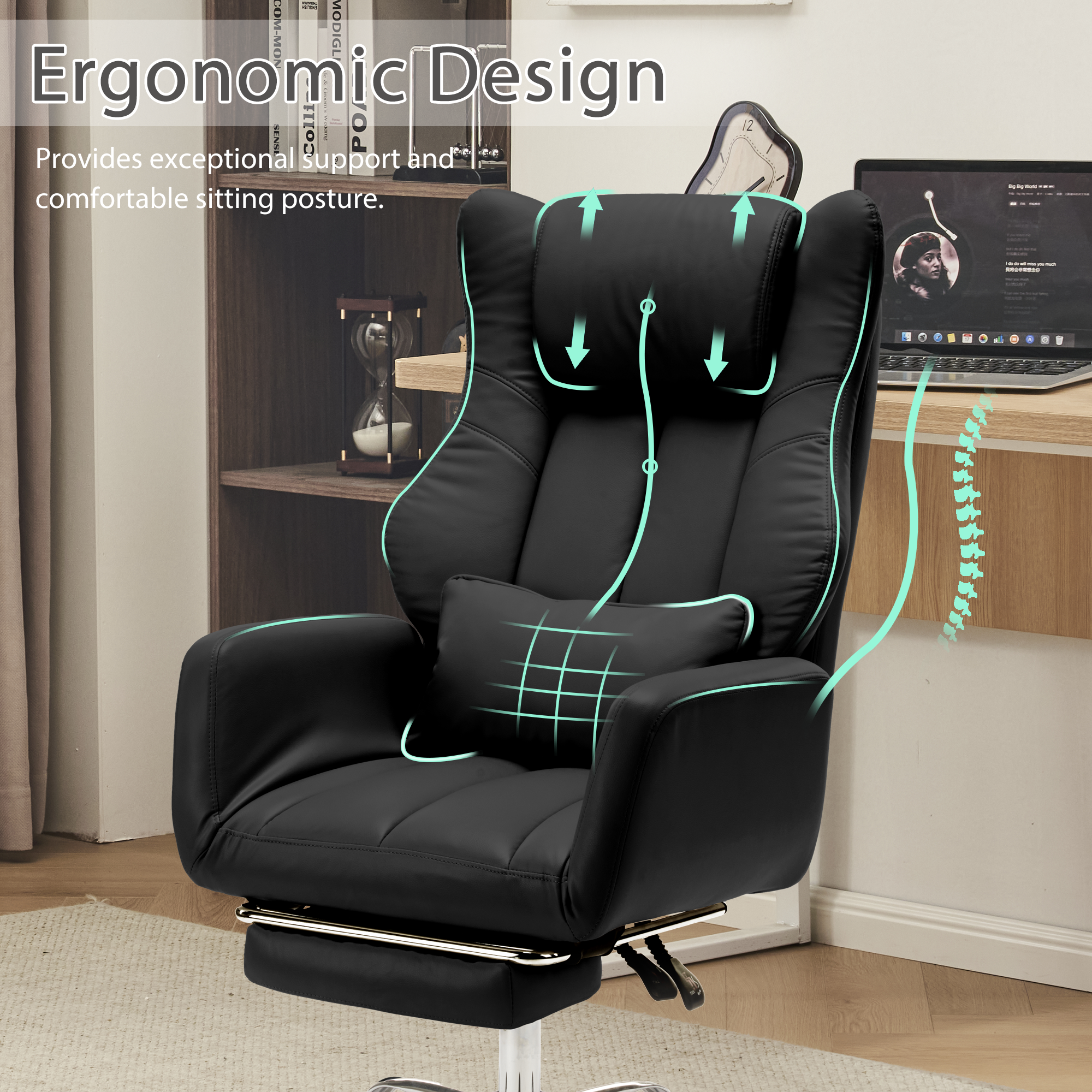 HOMREST Ergonomic Cross Legged Office Chair with Footrest,Big and Tall Leather Executive Chair with Reversible Armrest,Lumbar Pillow and Wheels,155° Reclining Computer Wide Desk Chair for Home,Office (Black)