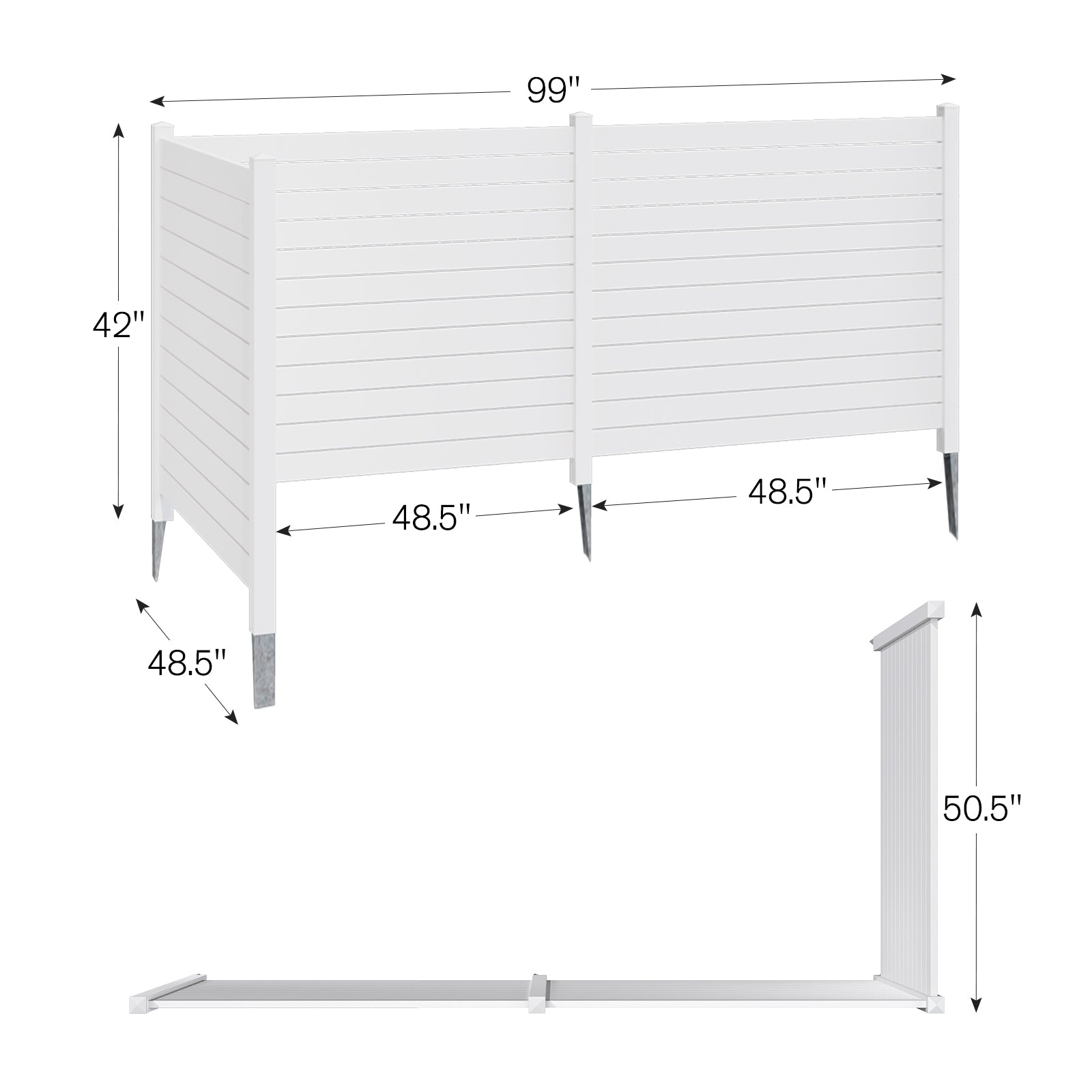 HOMREST Outdoor Privacy Fence, 48in H x 48in W Air Conditioner Fence，No Dig Trash Can Fence, 3 Fence Panels Pool Equipment Enclosure, Horizontal PVC Privacy Screen with 18 in Ground Stakes,White