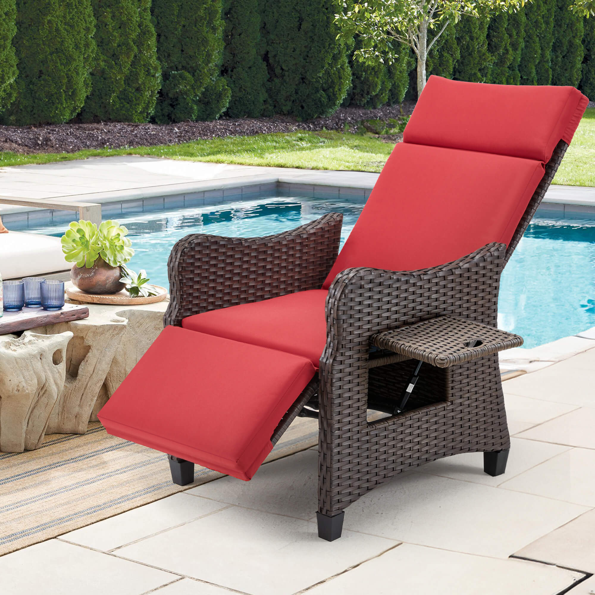 Homrest Outdoor Recliner Chair with Flip-up Table & Removable Cushion for Patio Deck Backyard, Red