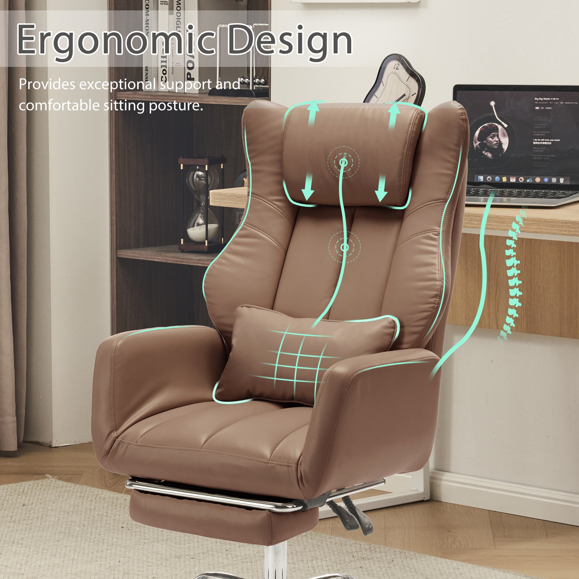 HOMREST Ergonomic Cross Legged Office Chair with Footrest,Big and Tall Leather Executive Chair with Reversible Armrest,Lumbar Pillow and Wheels,155° Reclining Computer Wide Desk Chair for Home,Office (Brown)