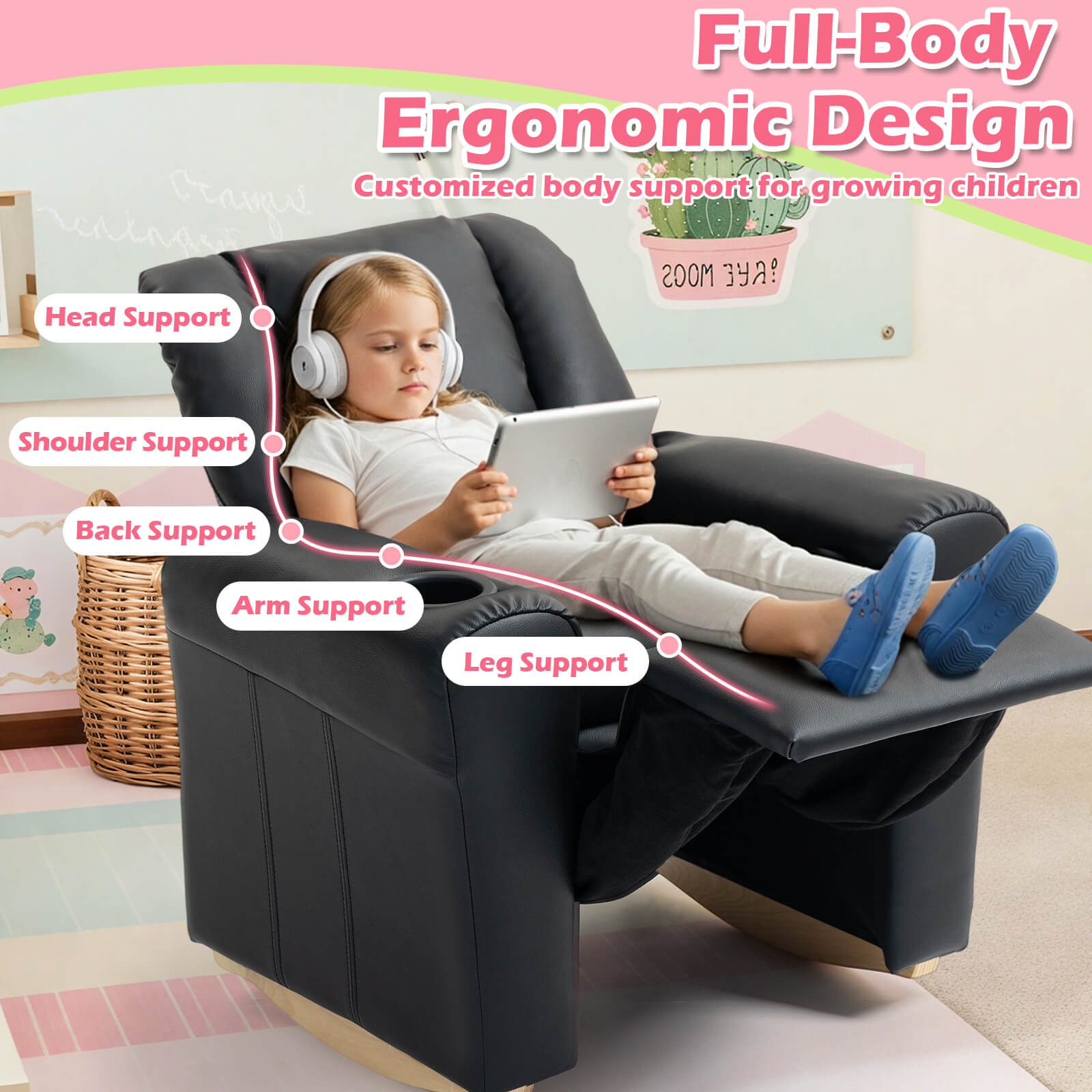 HOMREST Kids Recliner Chair with Cup Holder, Leather Toddler Recliner with Adjustable Backrest, Curved Rocking Legs and Comfy Armrests, Black