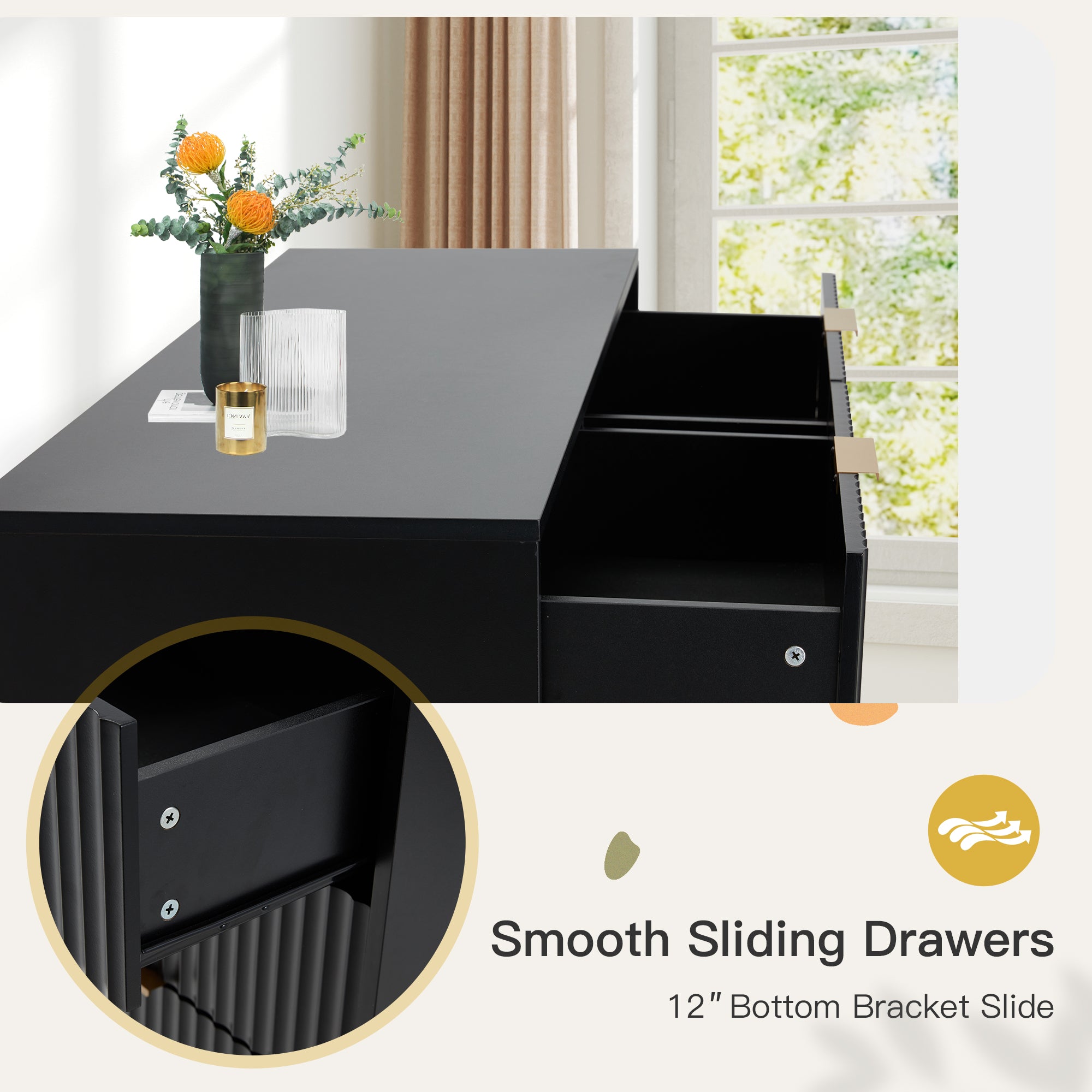 HOMREST Fluted Dresser for Bedroom, 6 Drawer Modern Dresser, Wide Modern Chest of Drawers with Metal Handle, Mid Century Modern Dresser, Black
