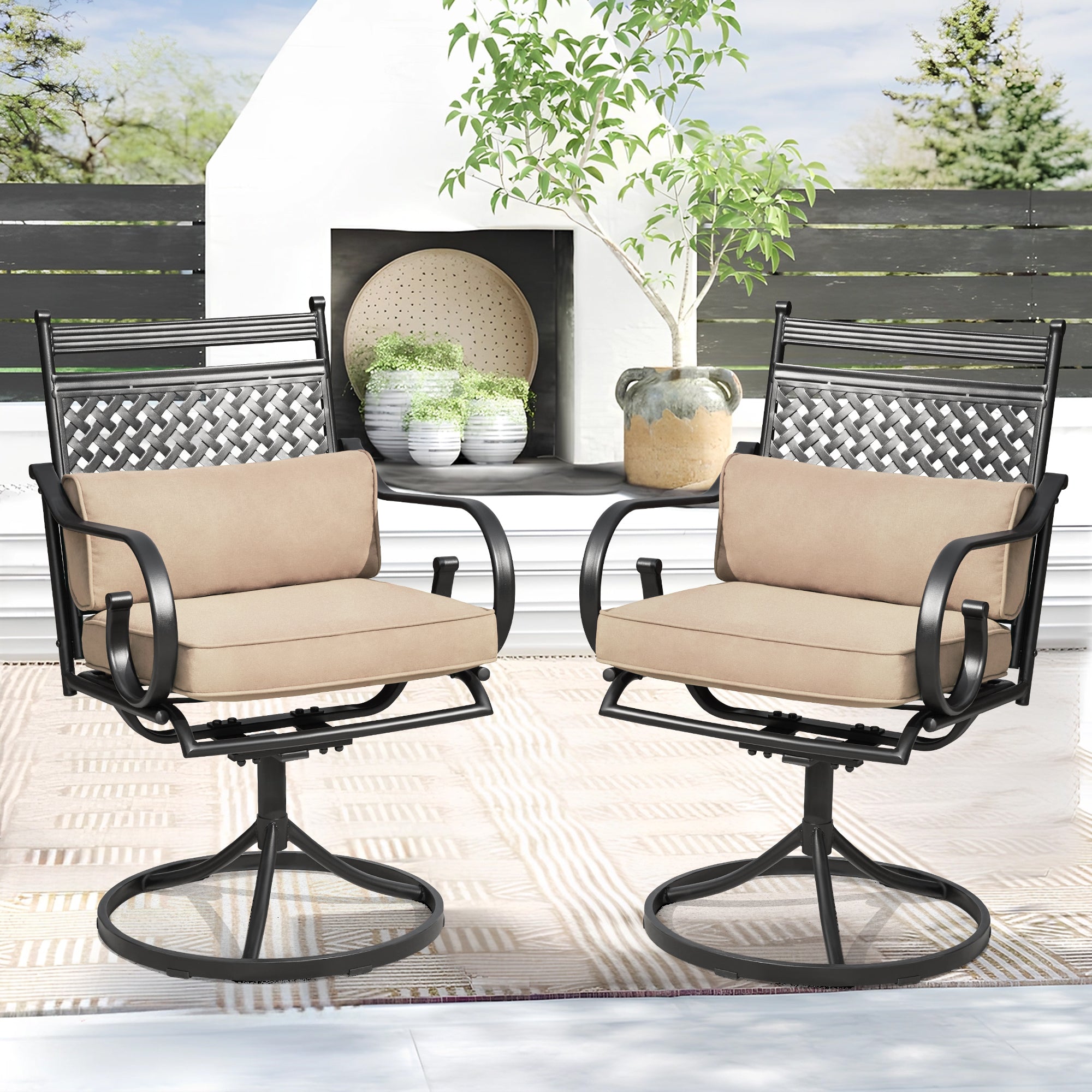 homrest Patio Swivel Chair Set of 2, Outdoor Dining Chairs with Cushions for Porch, Deck, and Garden, Khaki
