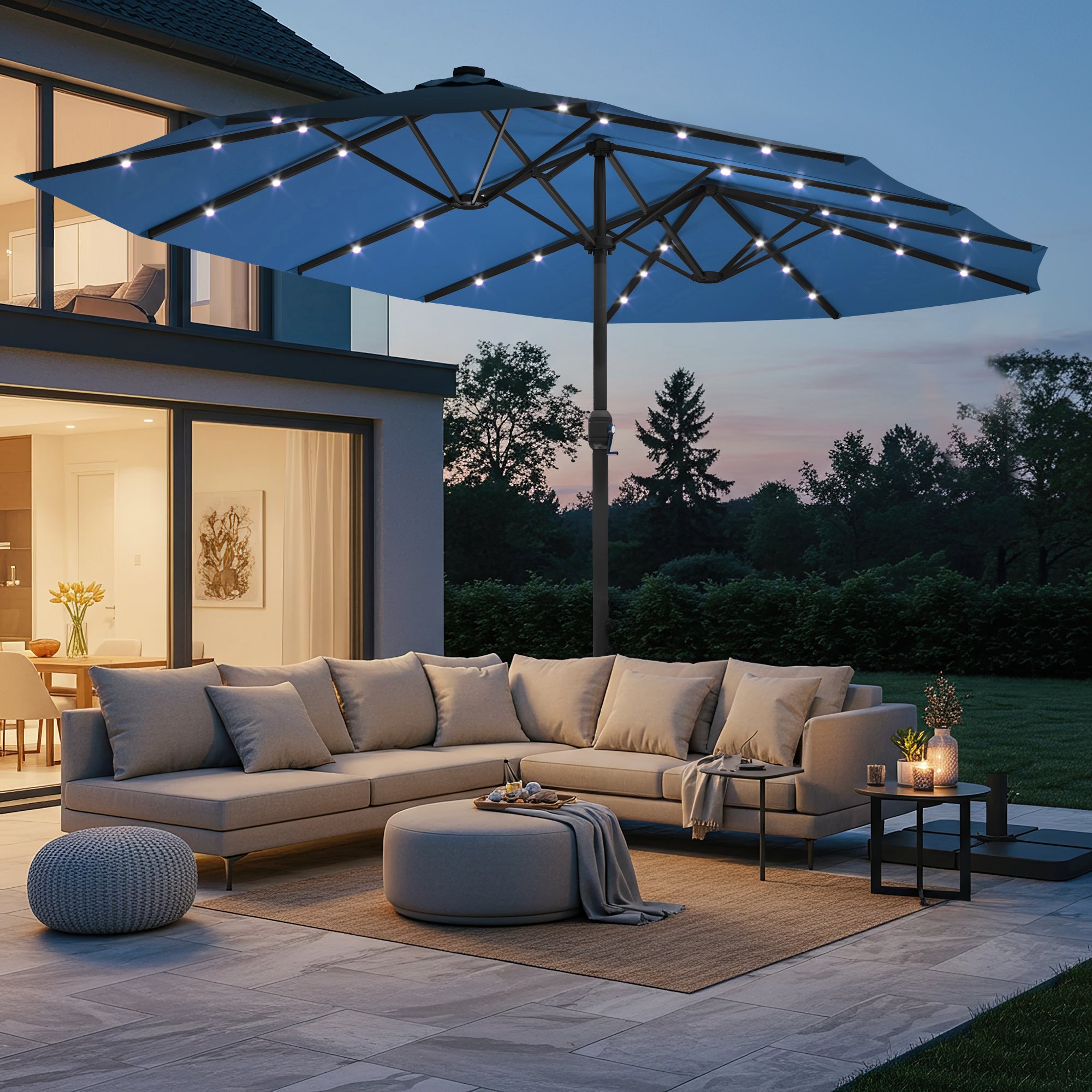 HOMREST 15ft Large Double-Sided Patio Umbrella with Solar LED Lights, Outdoor Crank System, and Base – Perfect for Garden, Deck, Poolside, Navy