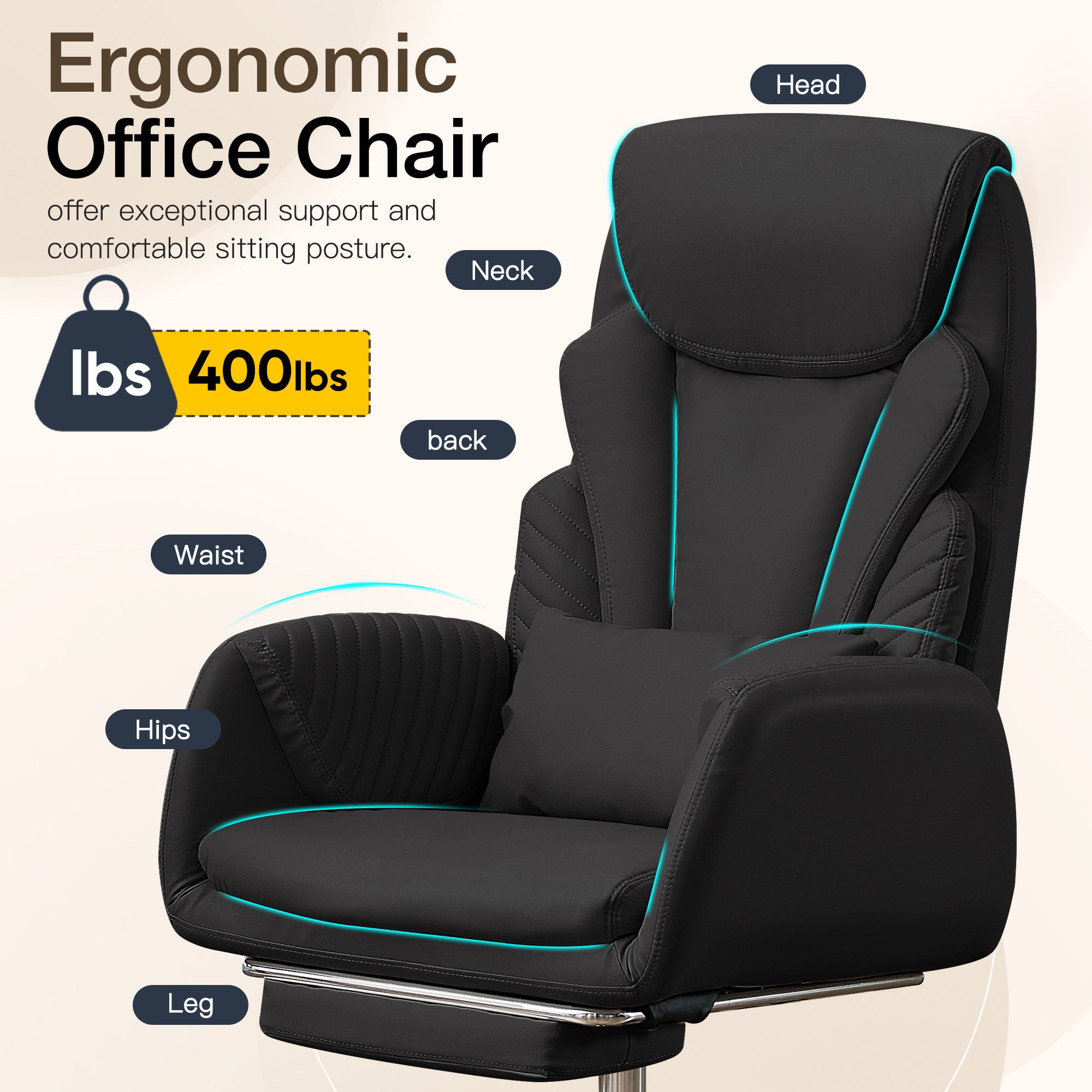HOMREST Modern Cross Legged Office Chair with Footrest,Leather Ergonomic Executive Chair with Lumbar Pillow, Black