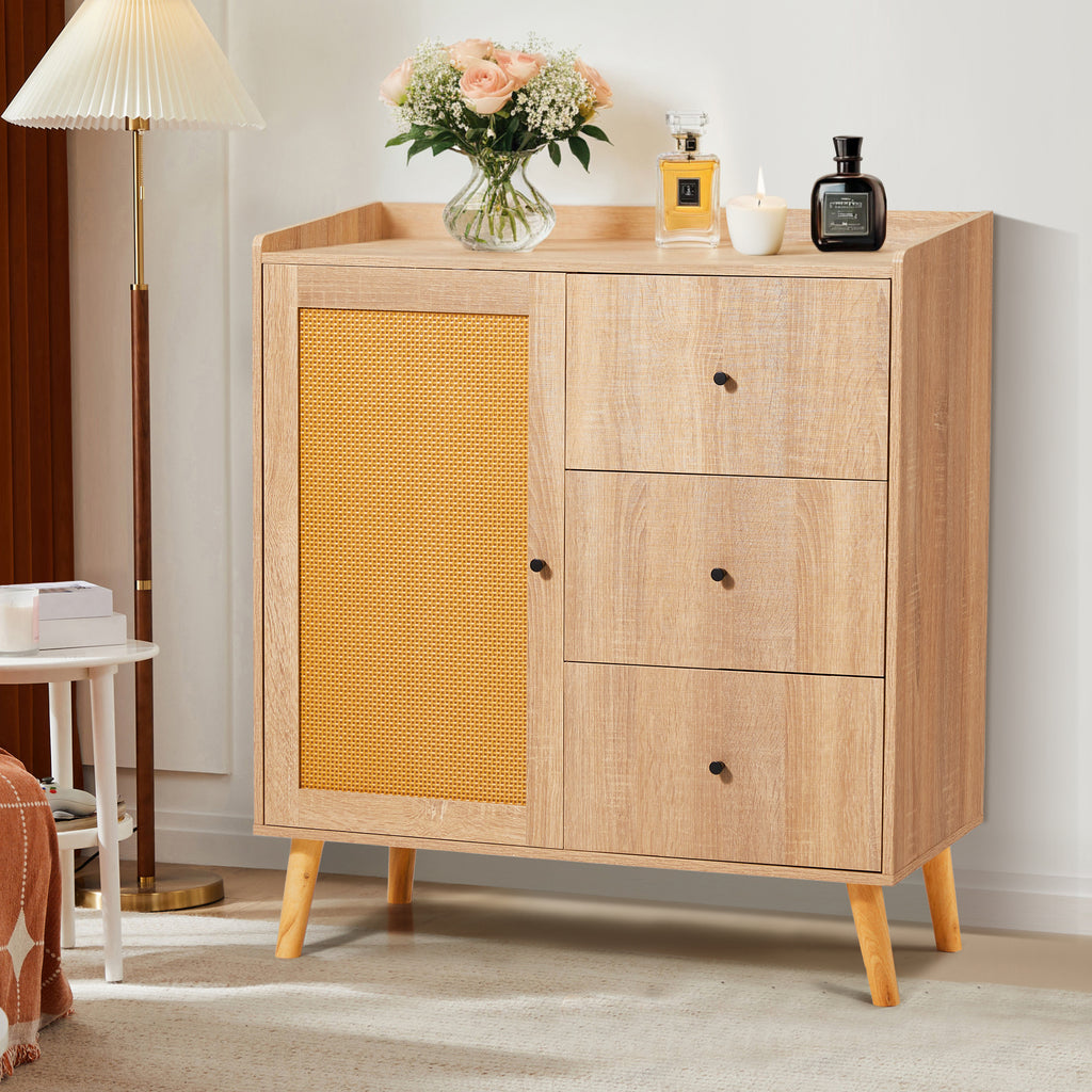 HOMREST Modern Cabinet with Rattan Door and 3 Drawers for Living Room, Kitchen, and Dining Room