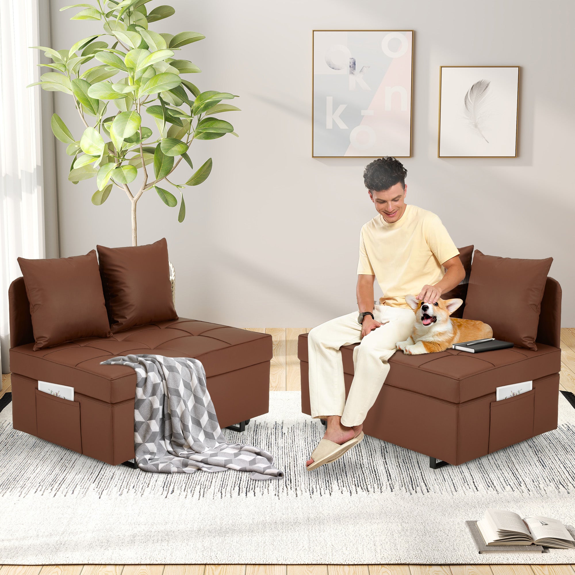 HOMREST 3 IN 1 Futon Sofa Bed Convertible Recliner Lounge with Reclining Backrest, Brown