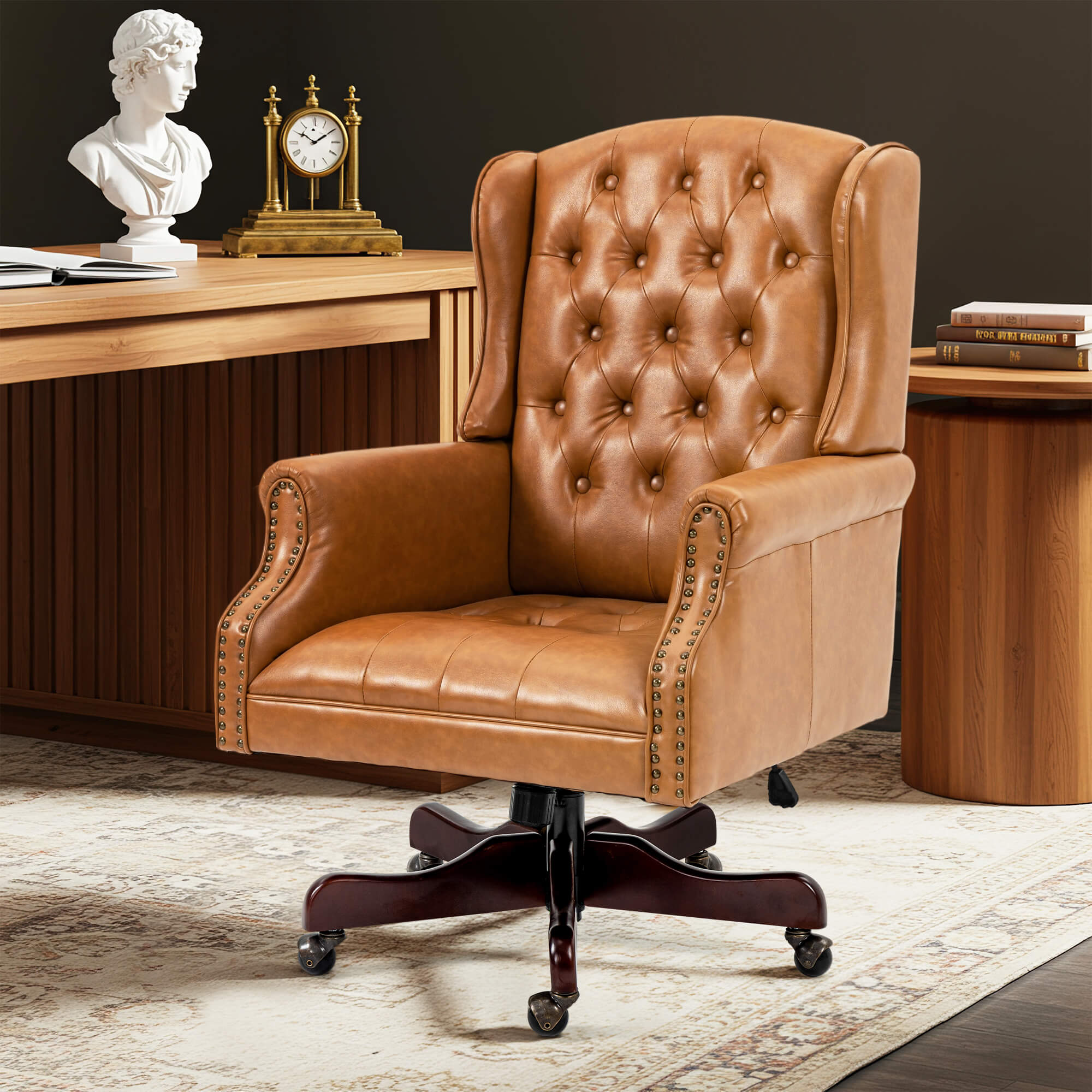 Homrest Executive Wingback Office Chair – Brown PU Leather High Back Desk Chair