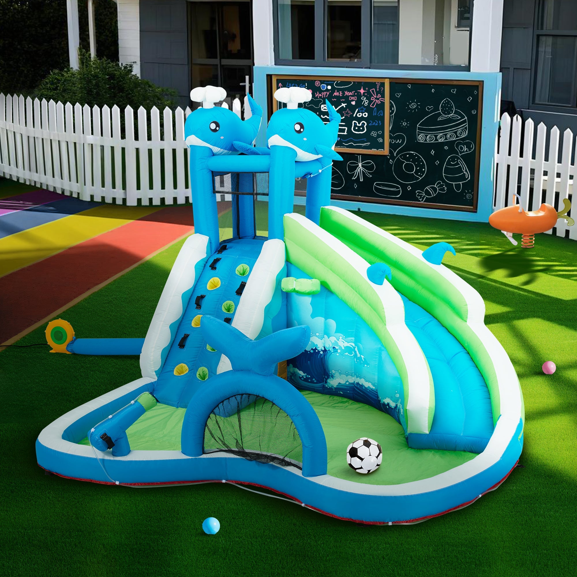 Homrest Inflatable Bounce House, Bounce House with Water Slide for Kids 3-8, Water Slide Bounce House with a Whale Shape, Rock Climbing Wall, Throwing Game, Water Gun Competition, Storage Bag, 480W Blower for Outdoor Backyard